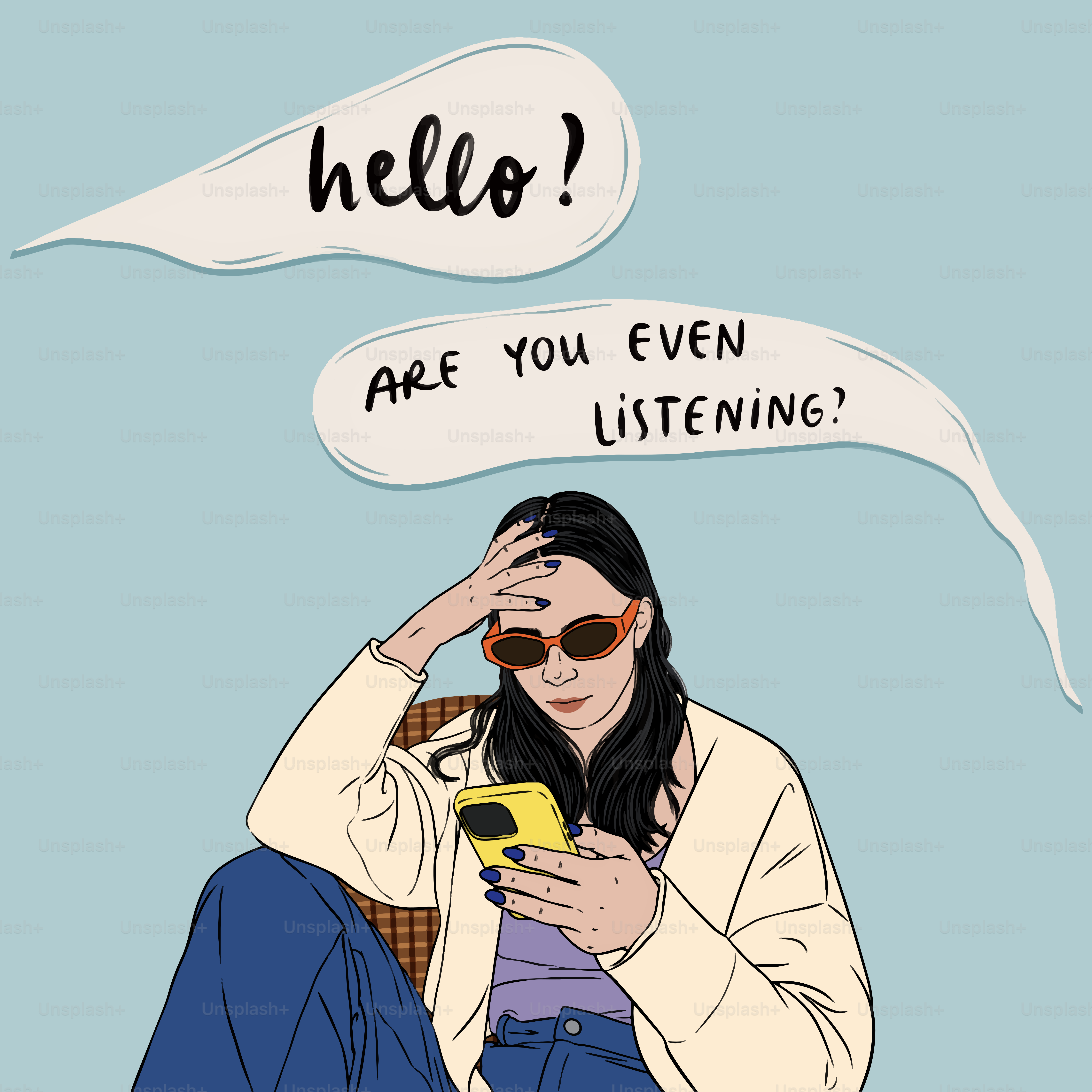A drawing of a woman sitting on the ground with a cell phone