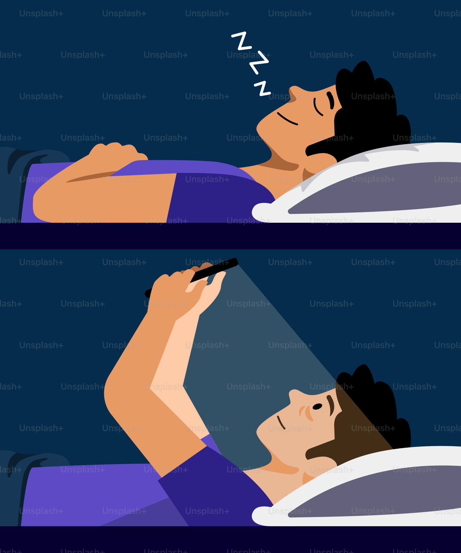 A man laying in a bed with his head on the pillow