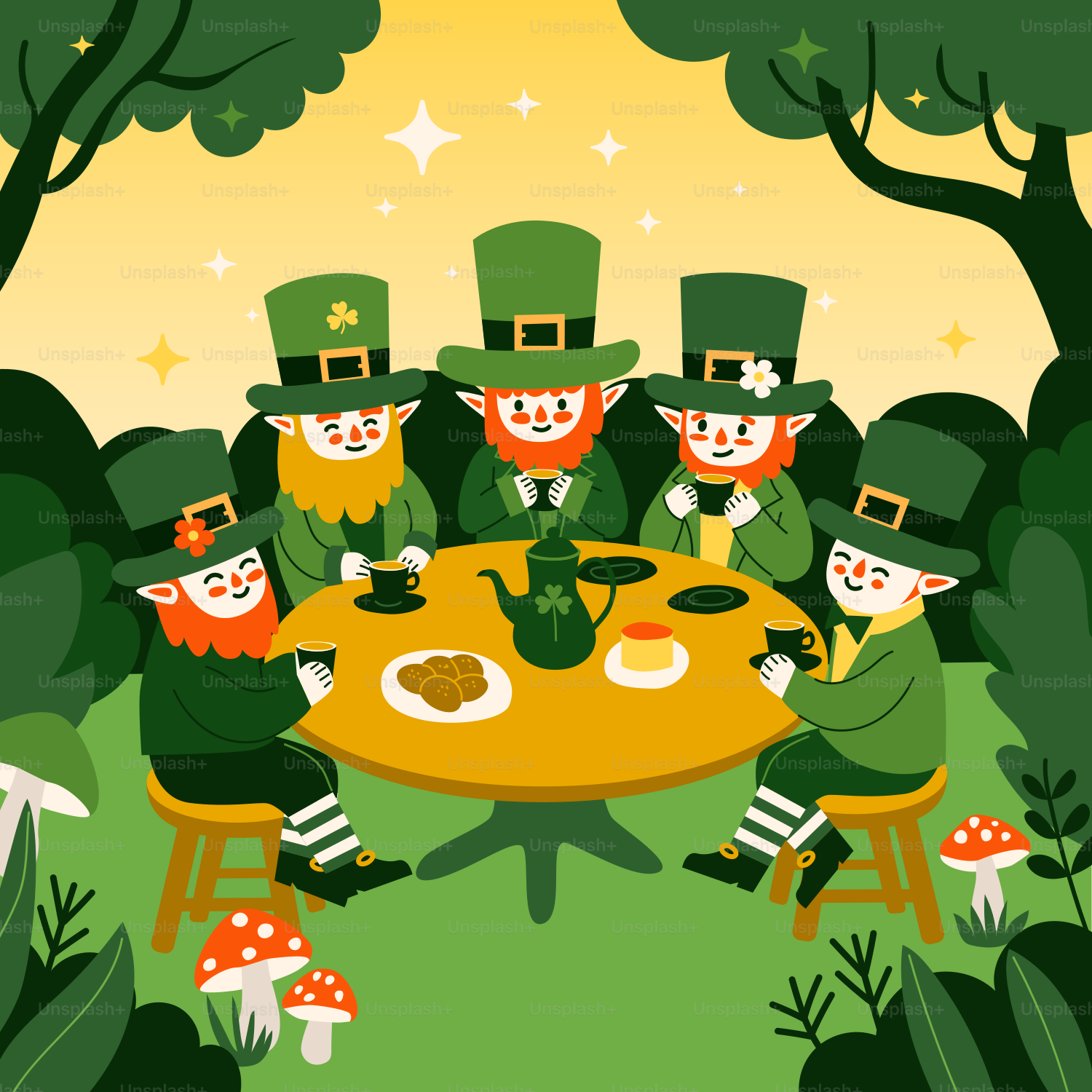 A group of lepreite men sitting around a table