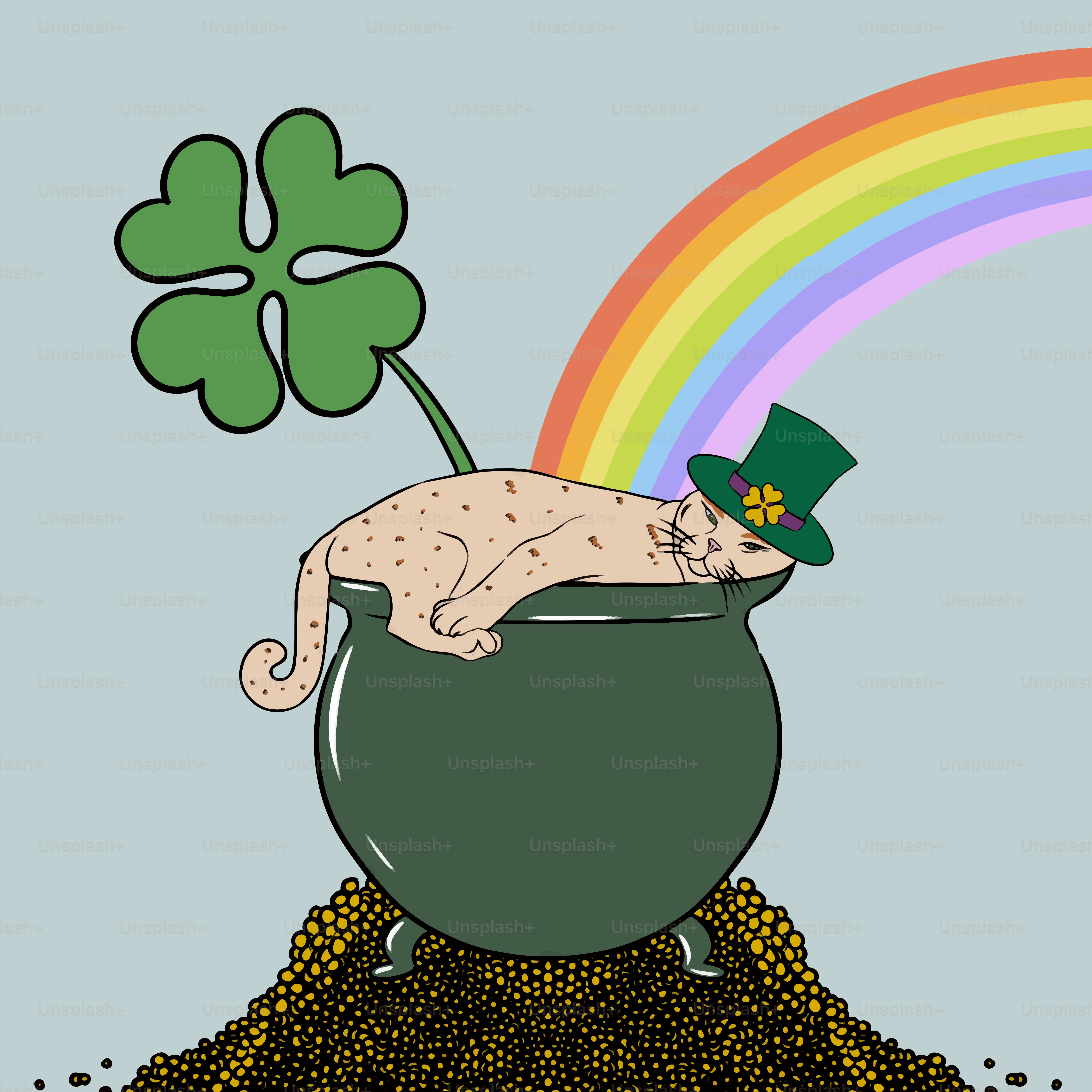 A cat sitting on top of a pot of gold