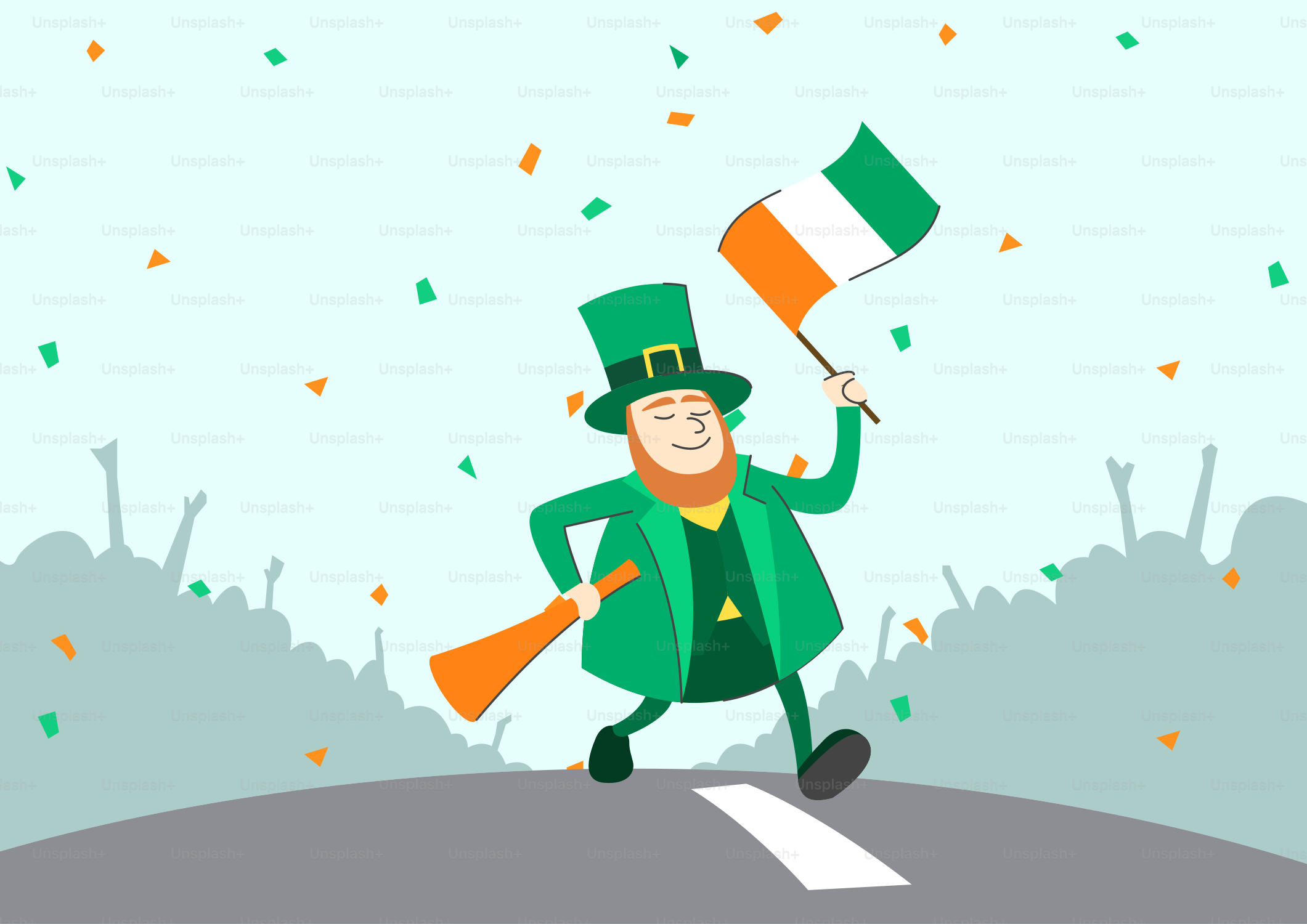 A man in a lepreite outfit running down a street