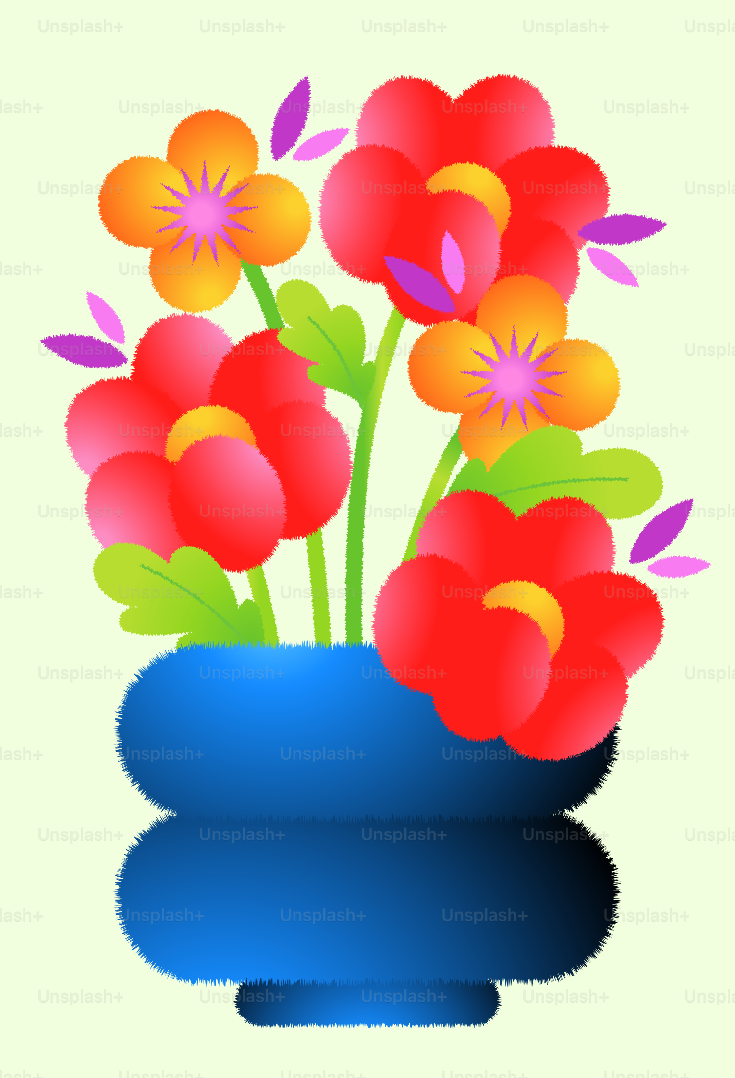 A blue vase filled with lots of colorful flowers
