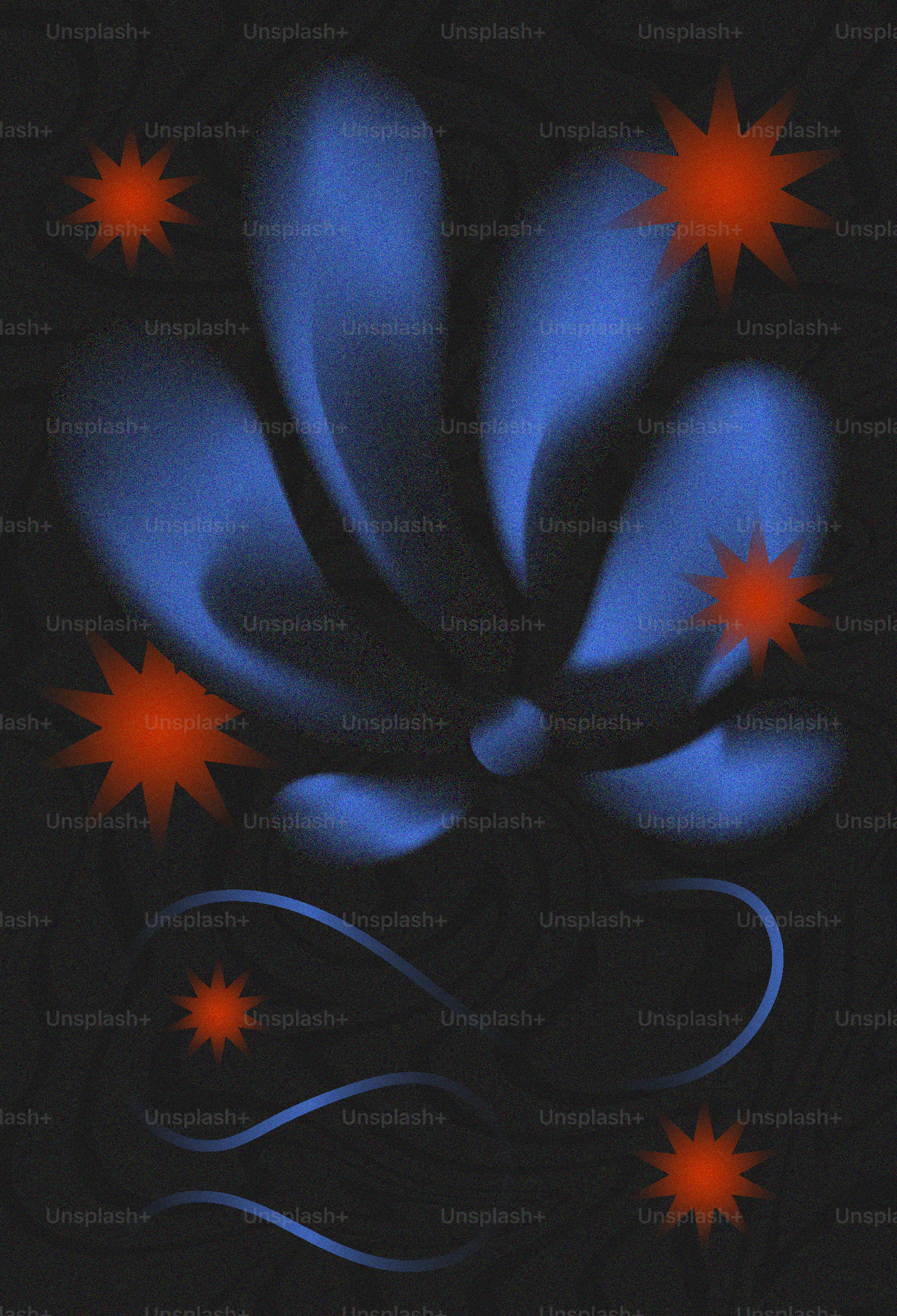 A blue flower with red stars on a black background