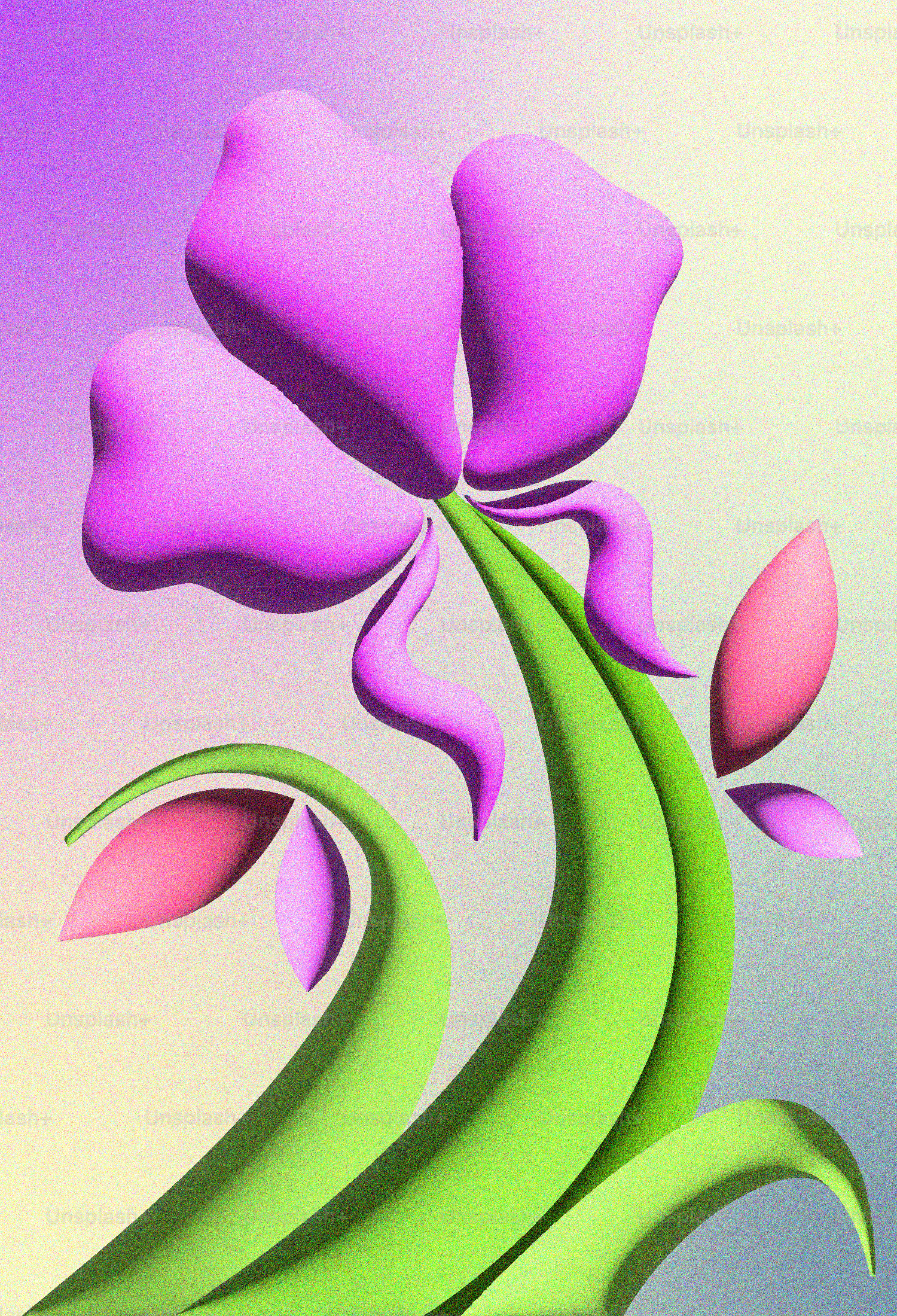 A painting of a flower on a purple and green background
