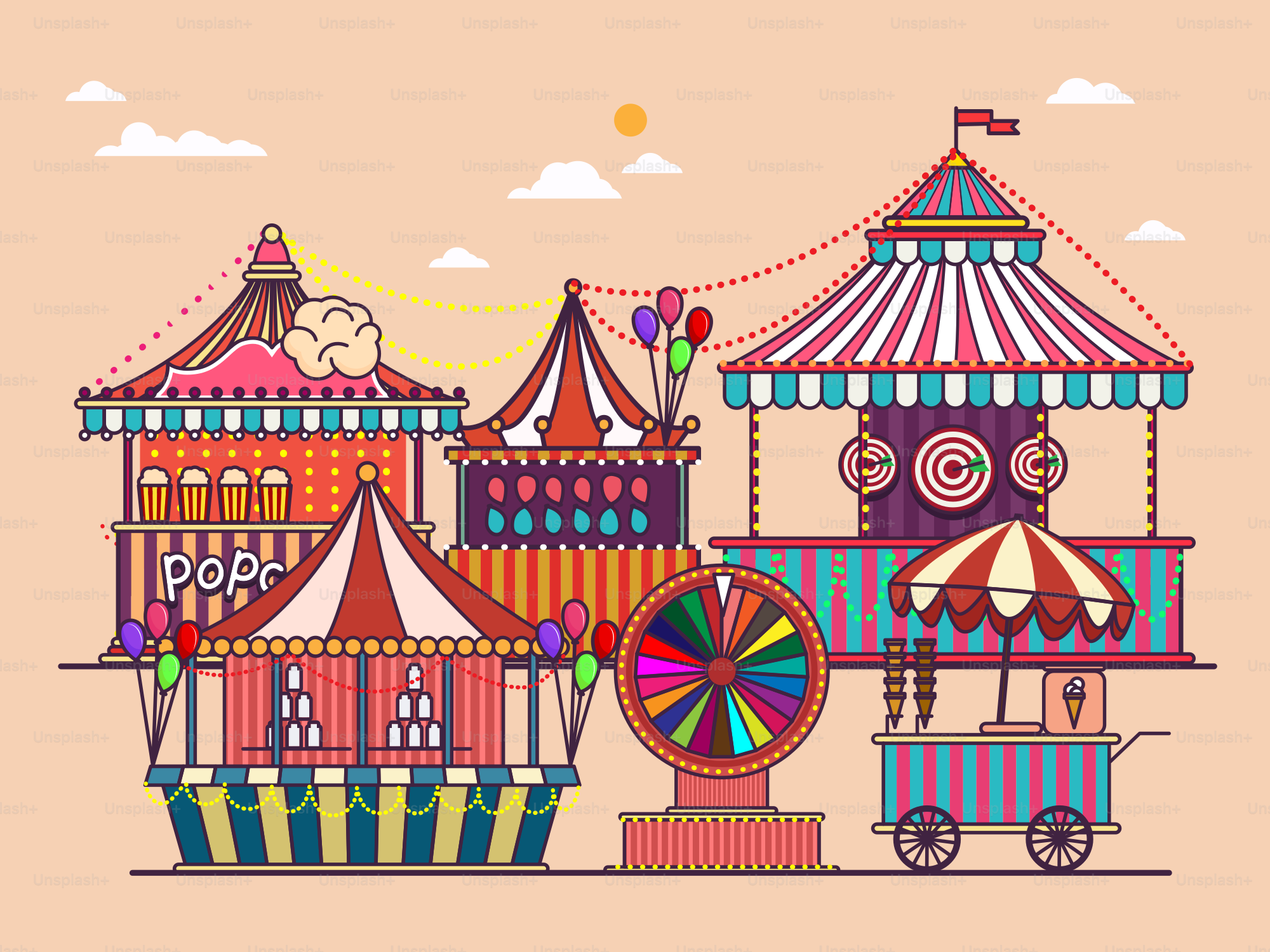 A drawing of a carnival with a ferris wheel