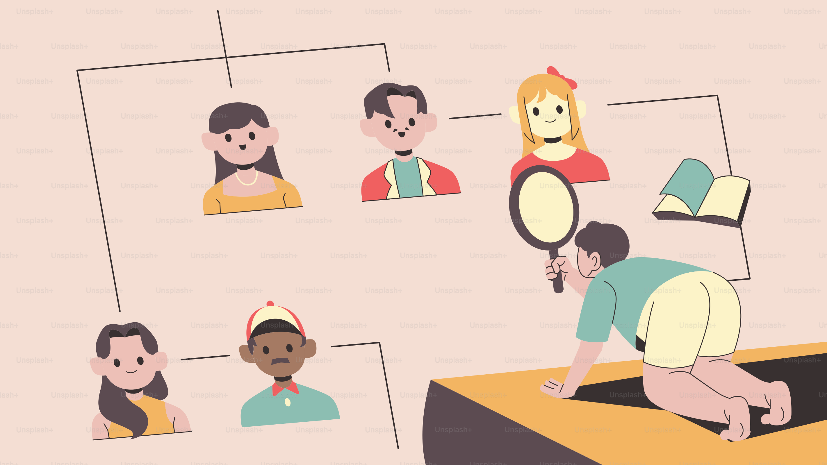 Ein Mann, der das Gesicht einer Frau durch eine Lupe betrachtet