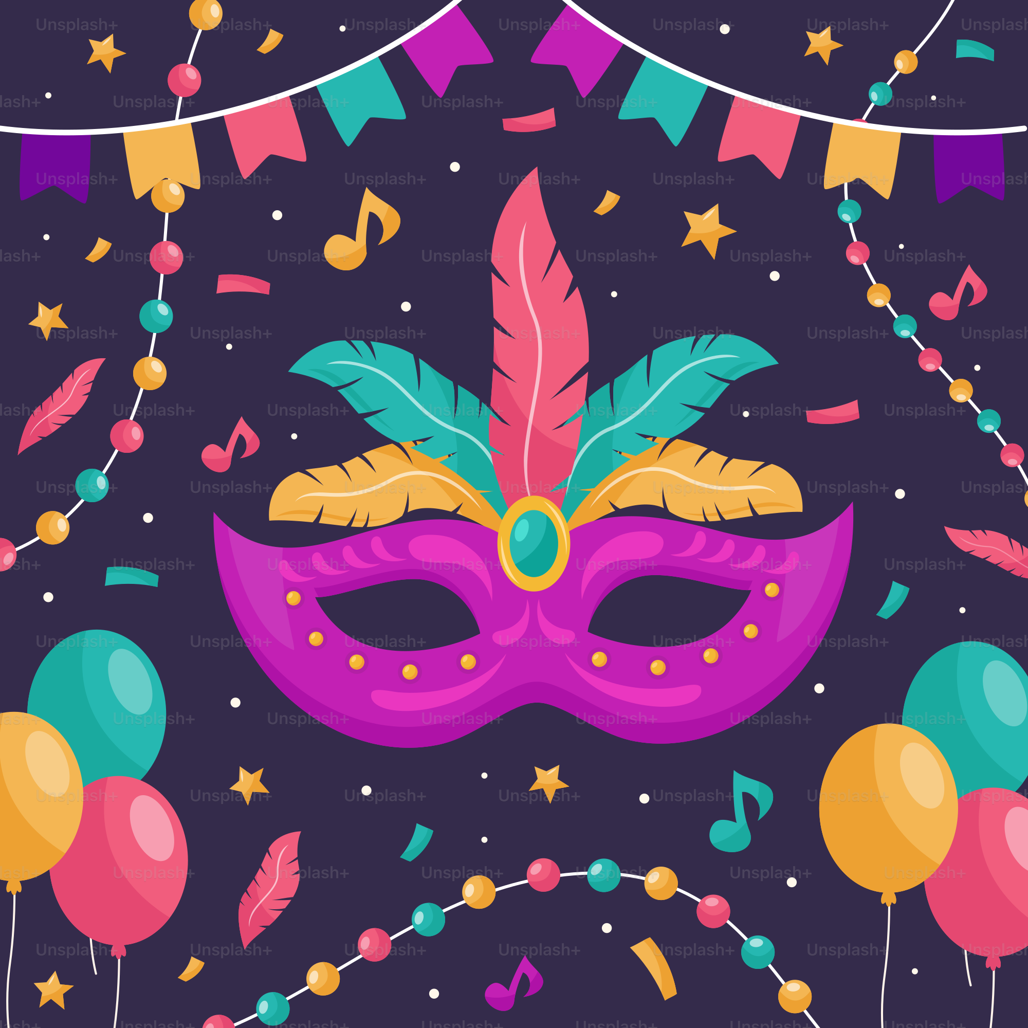 A purple mask surrounded by balloons and streamers