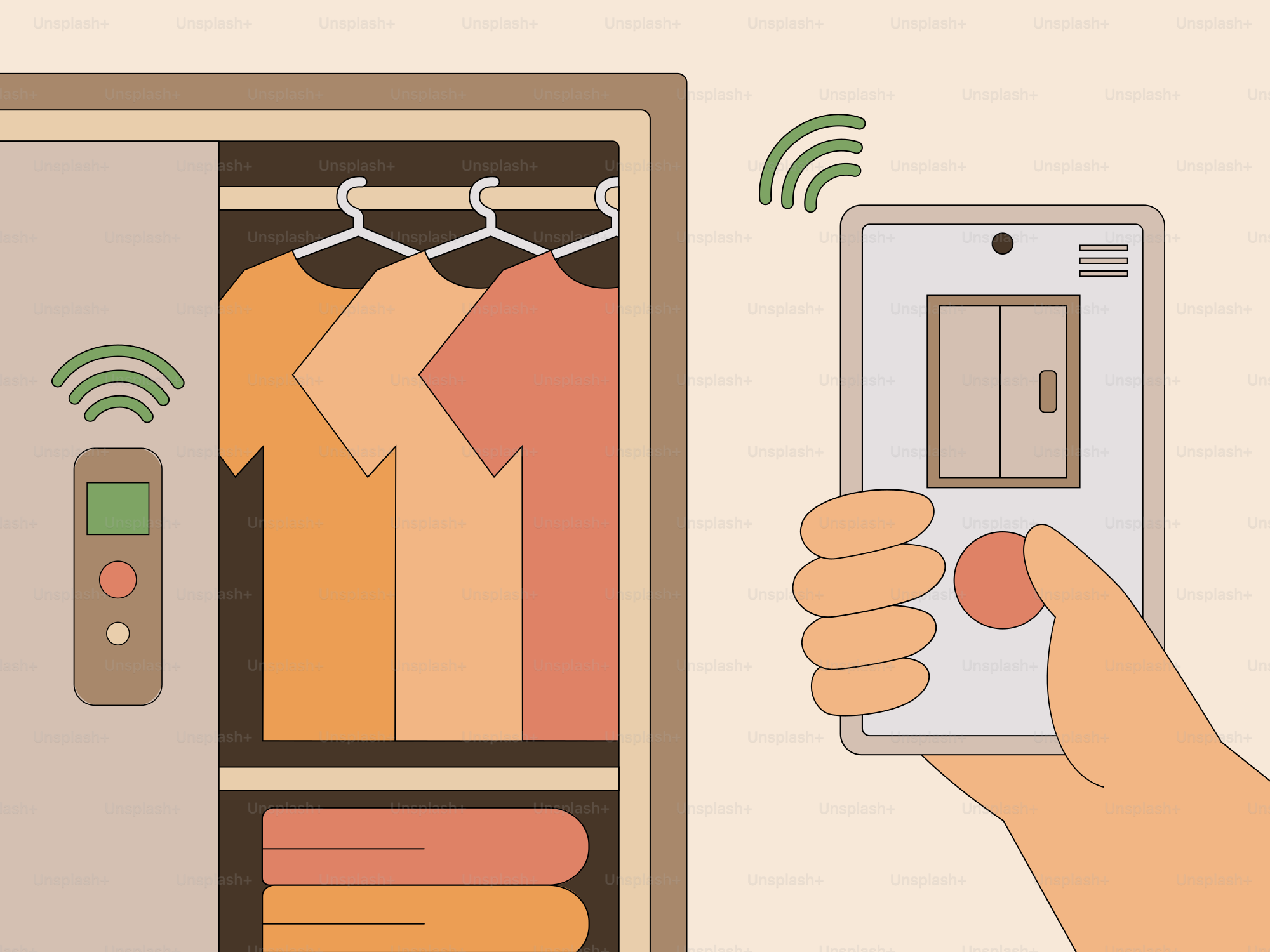 옷장 앞에서 스마트폰을 들고 있는 사람