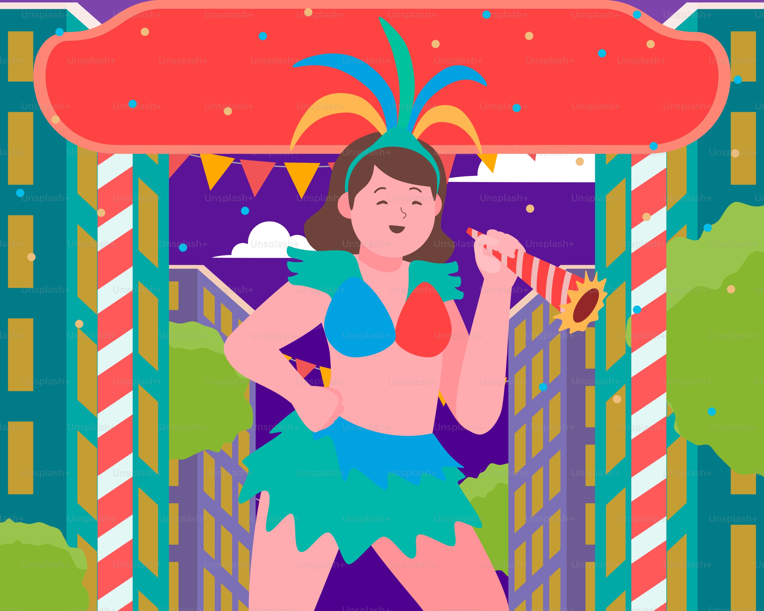 Una mujer con falda hula de pie frente a un puesto de feria