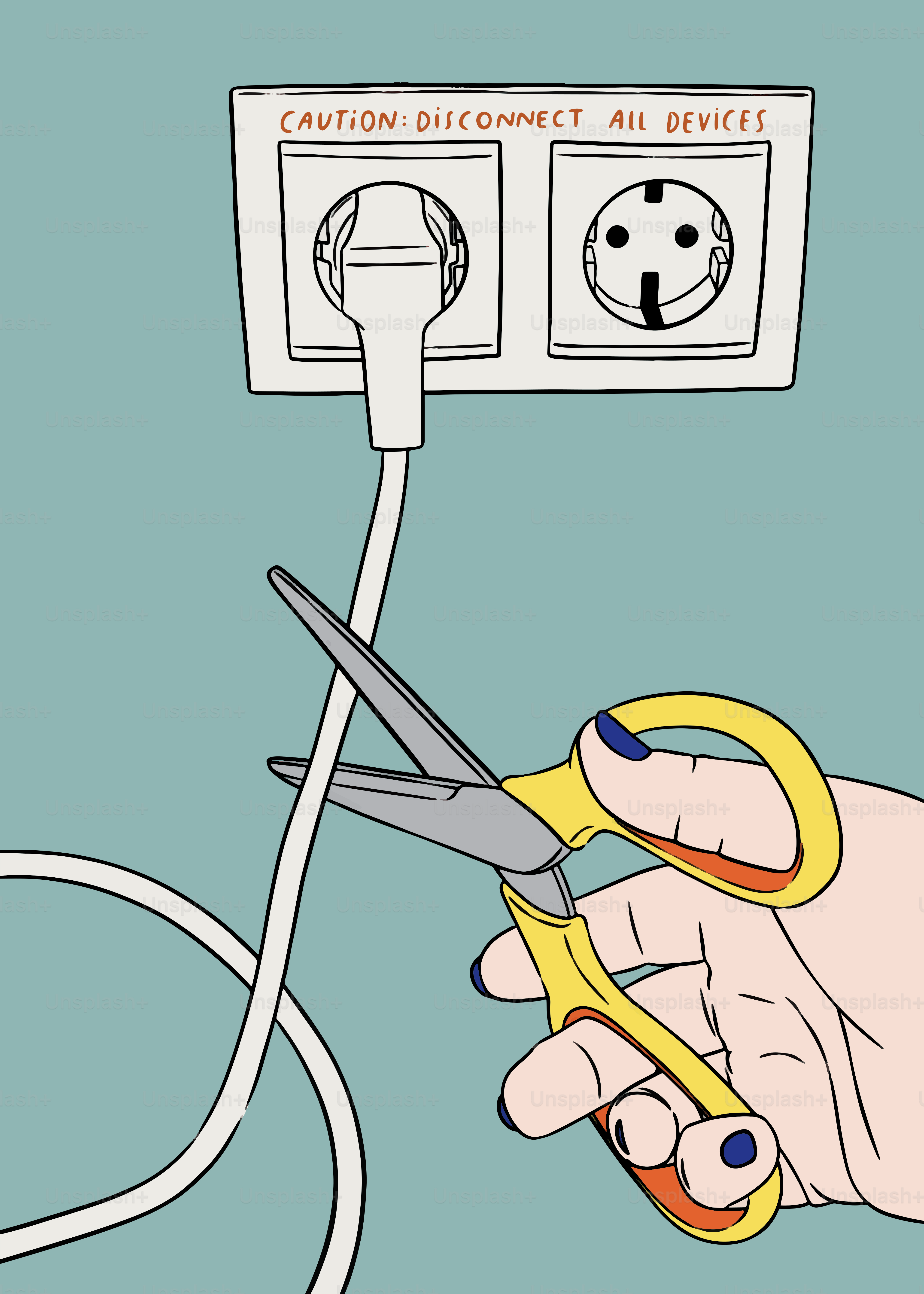 A person cutting a cord with a pair of scissors