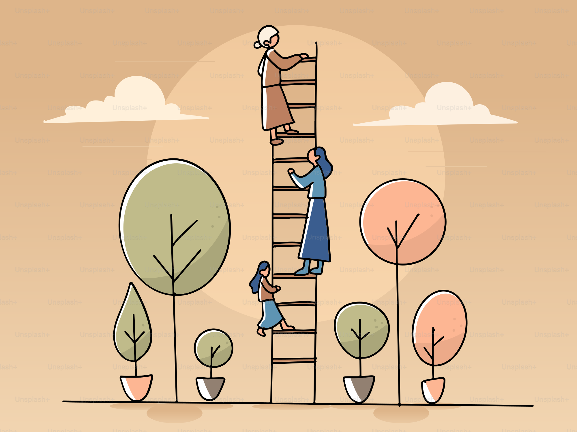 Eine Gruppe von Menschen klettert eine Leiter hinauf