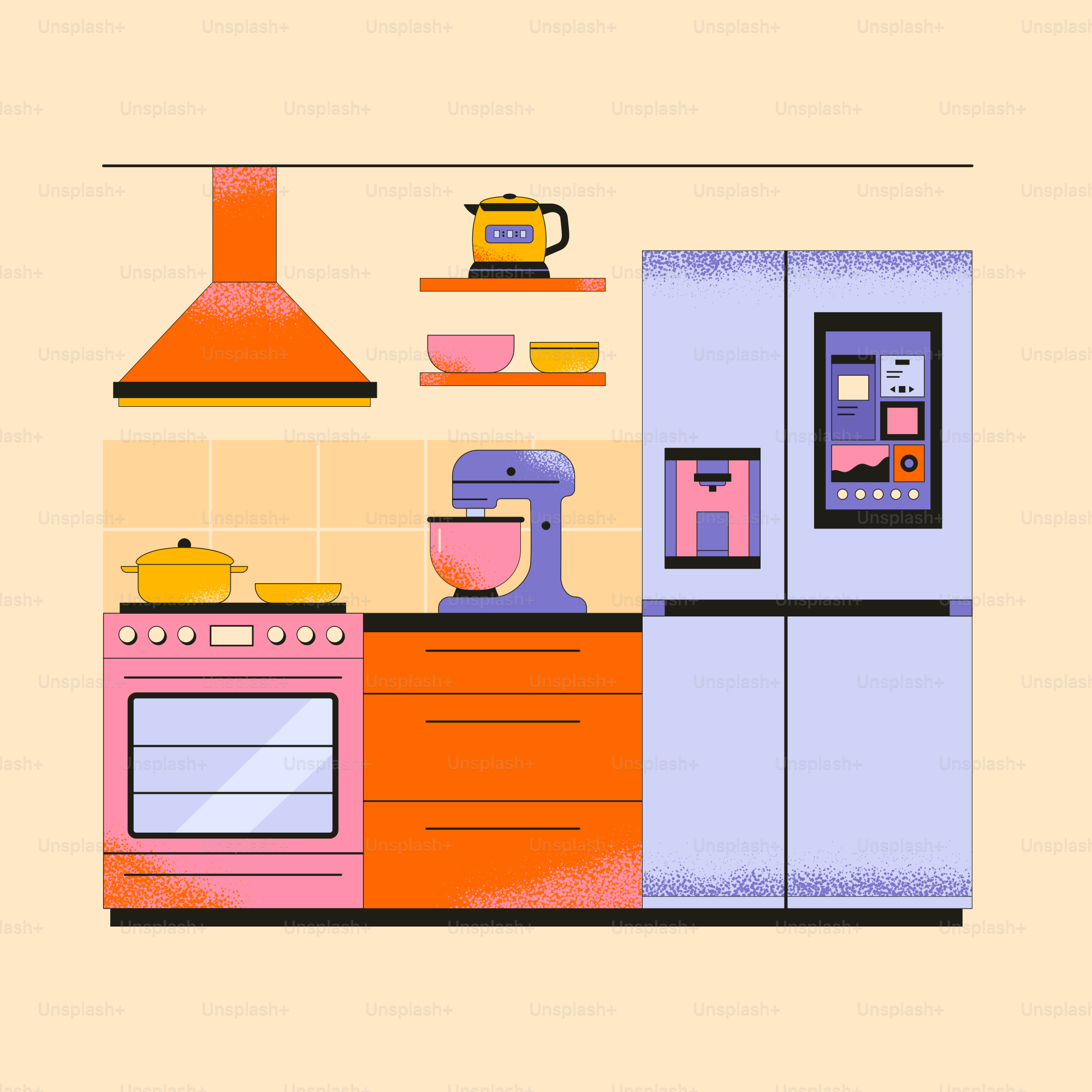 A cartoon of a kitchen with a table with cups and utensils vector – Kitchen  Image on Unsplash, image size:3000x3000