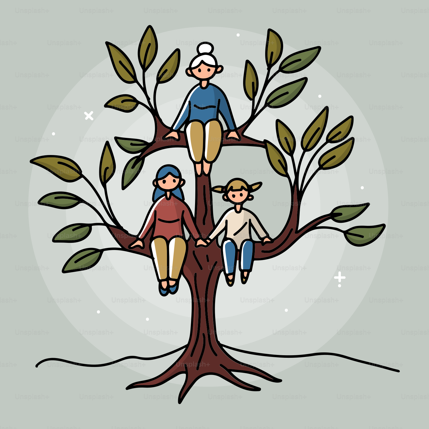 A group of people sitting on top of a tree