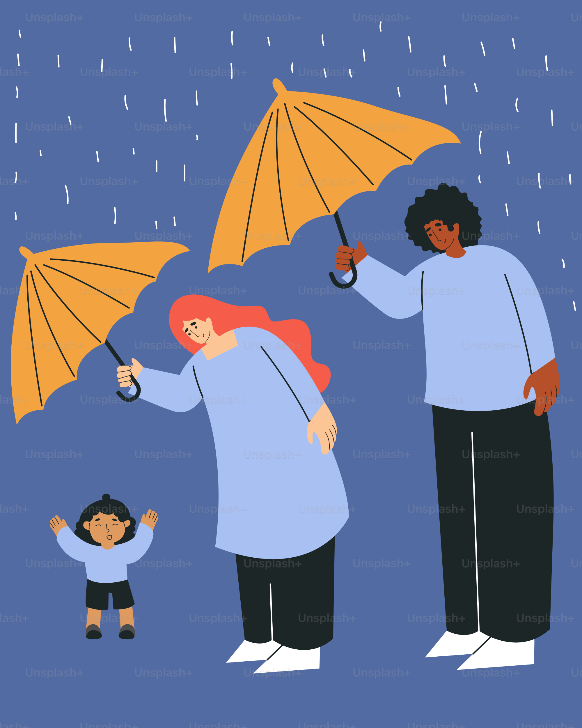 A man and a woman holding umbrellas in the rain