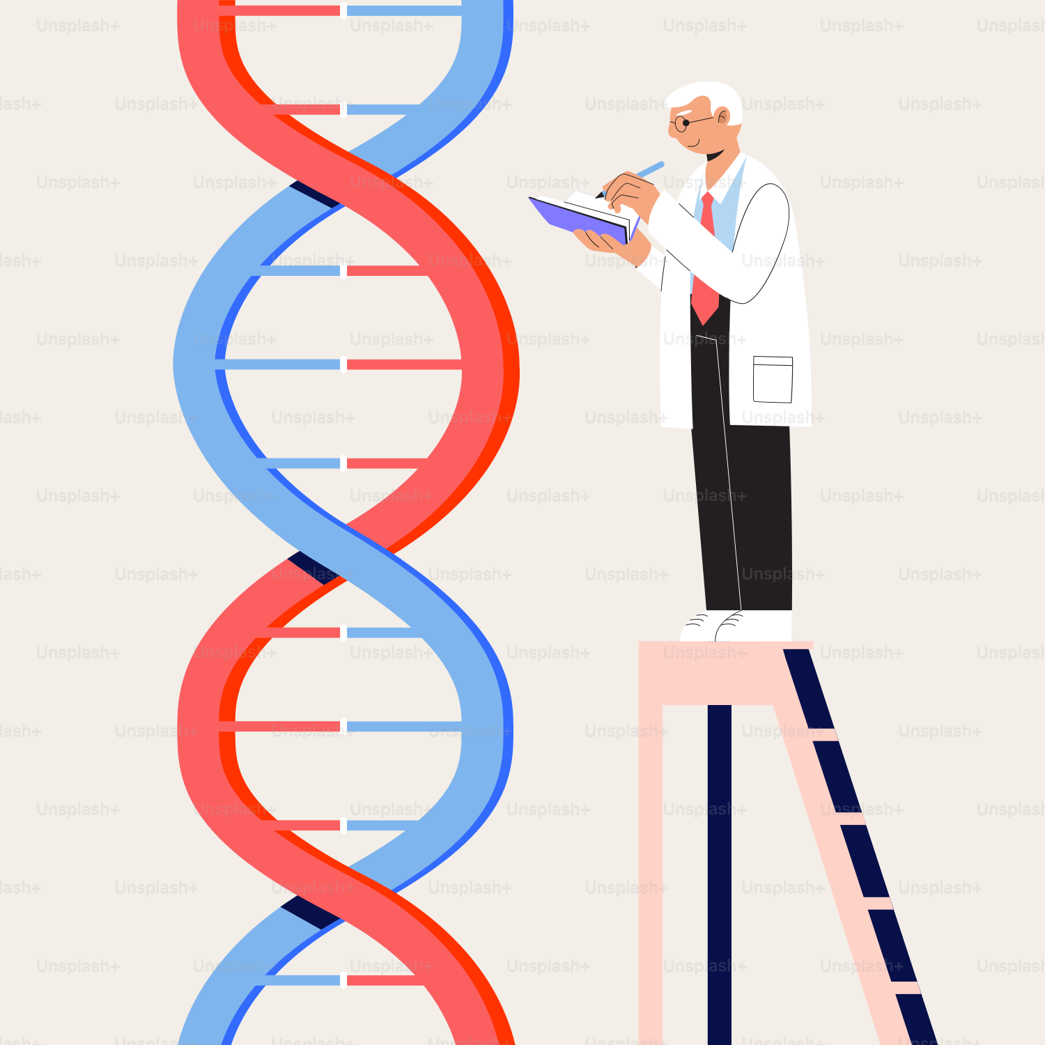 Ein Mann, der auf einer Leiter steht und ein Klemmbrett vor einem Doppelstuhl hält –