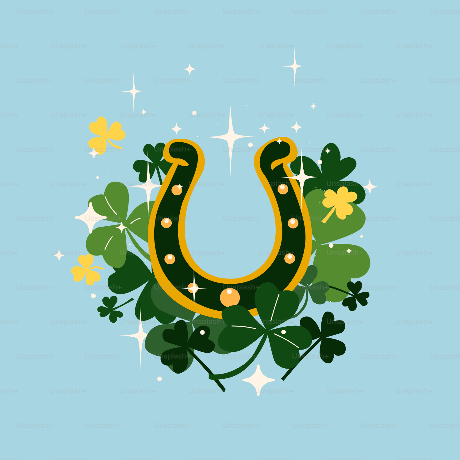 A horseshoe surrounded by shamrock leaves and clovers