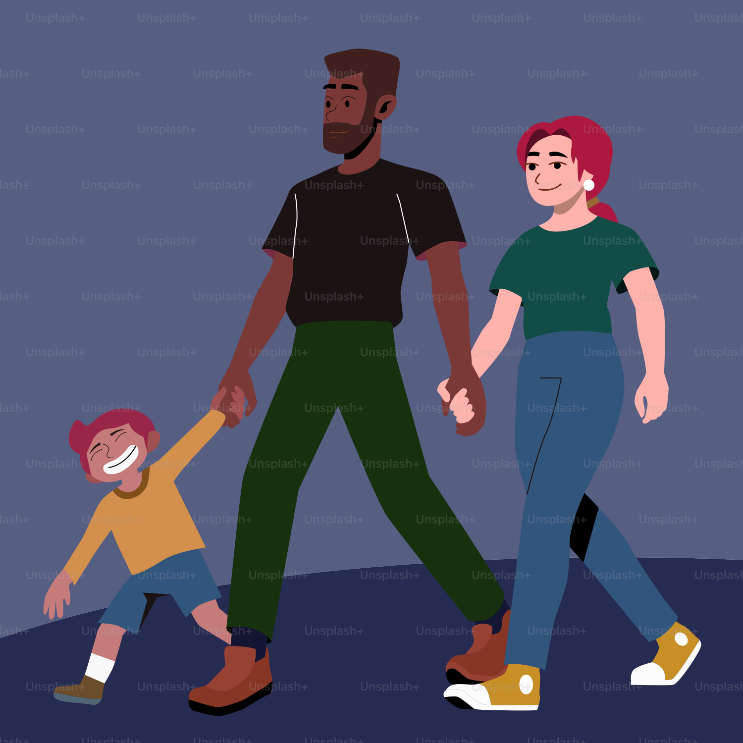 A man and a woman walking with a child