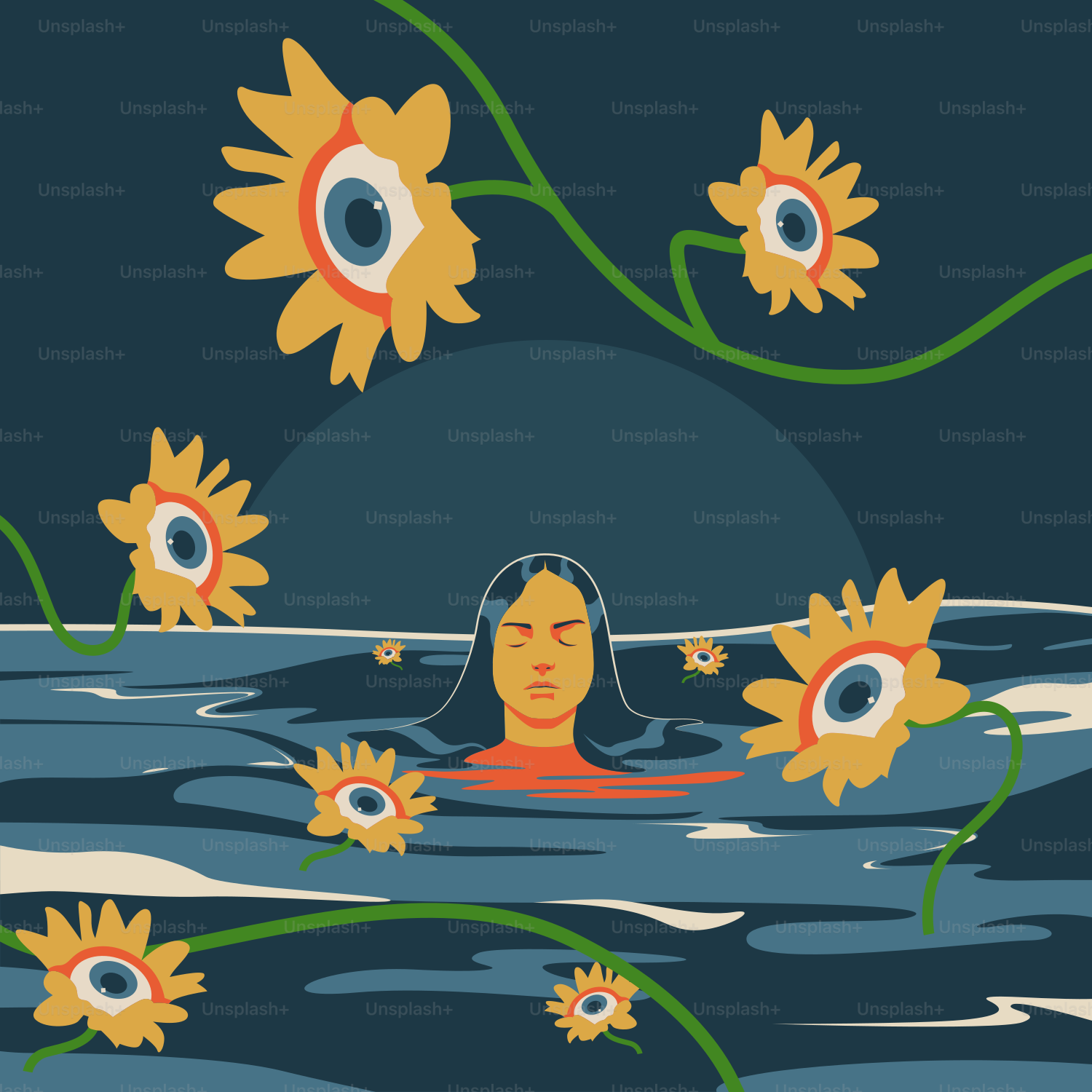 A woman floating in a body of water surrounded by sunflowers