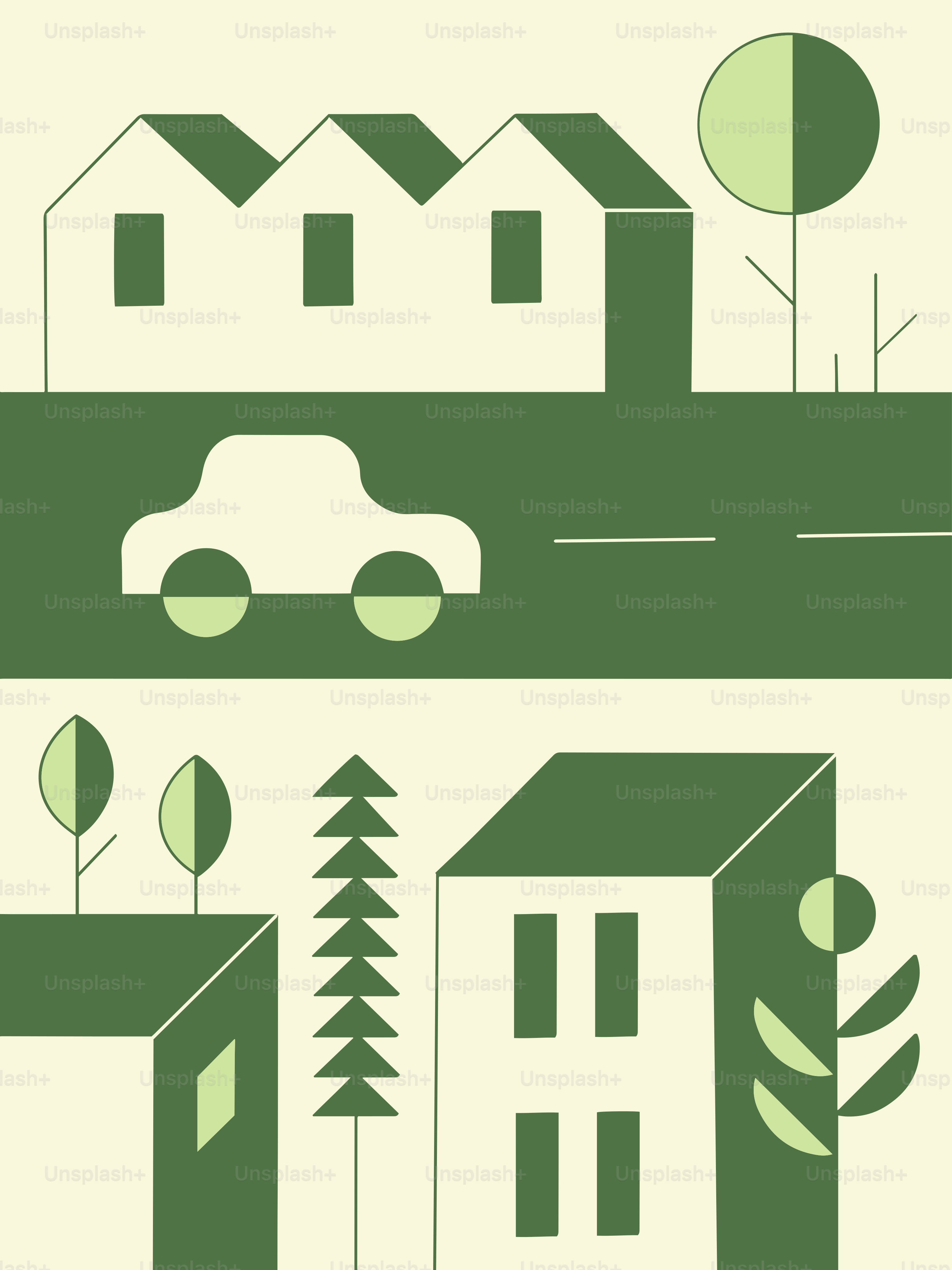 A green and white illustration of houses and trees