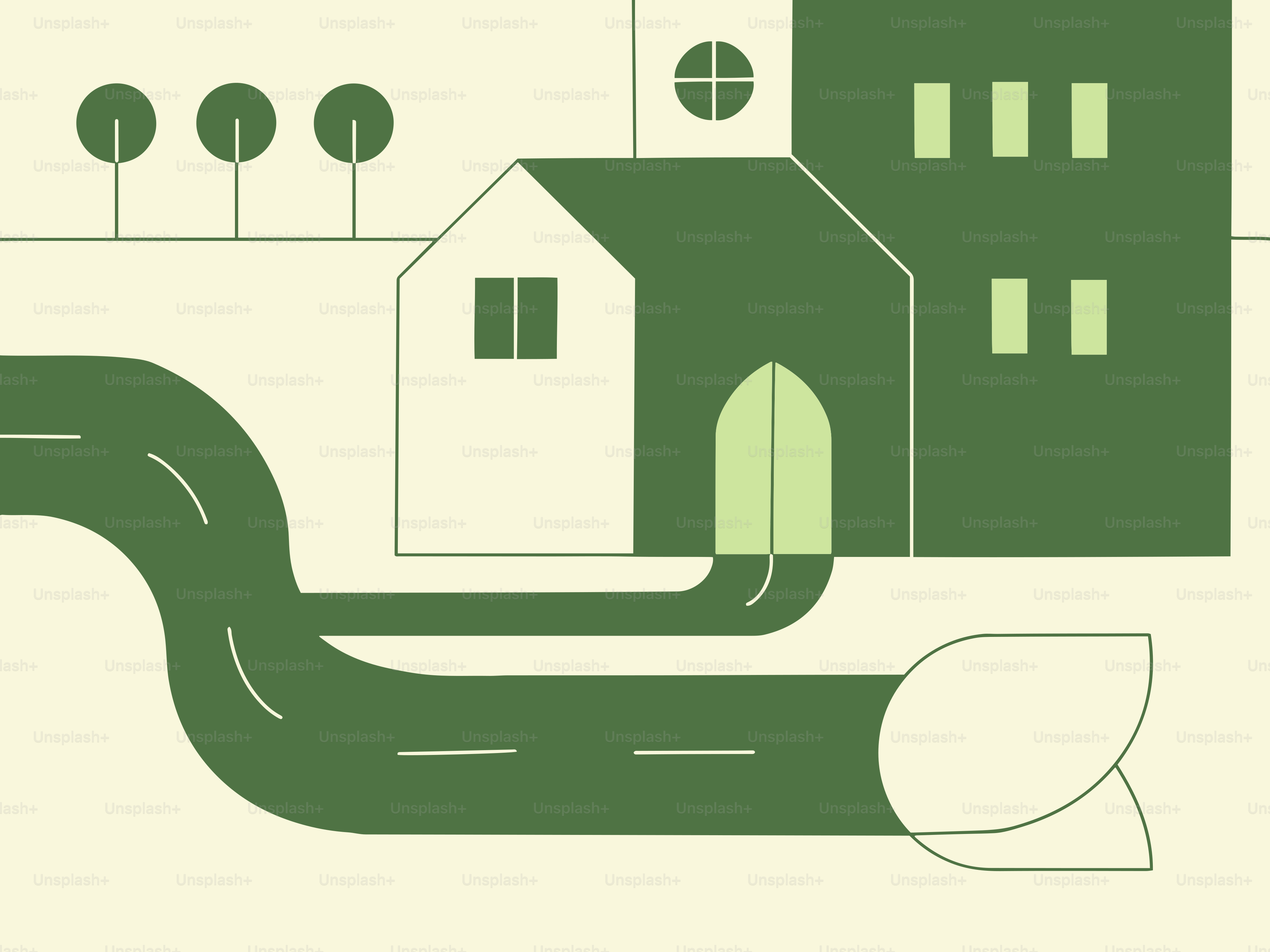 A drawing of a house with a road going through it