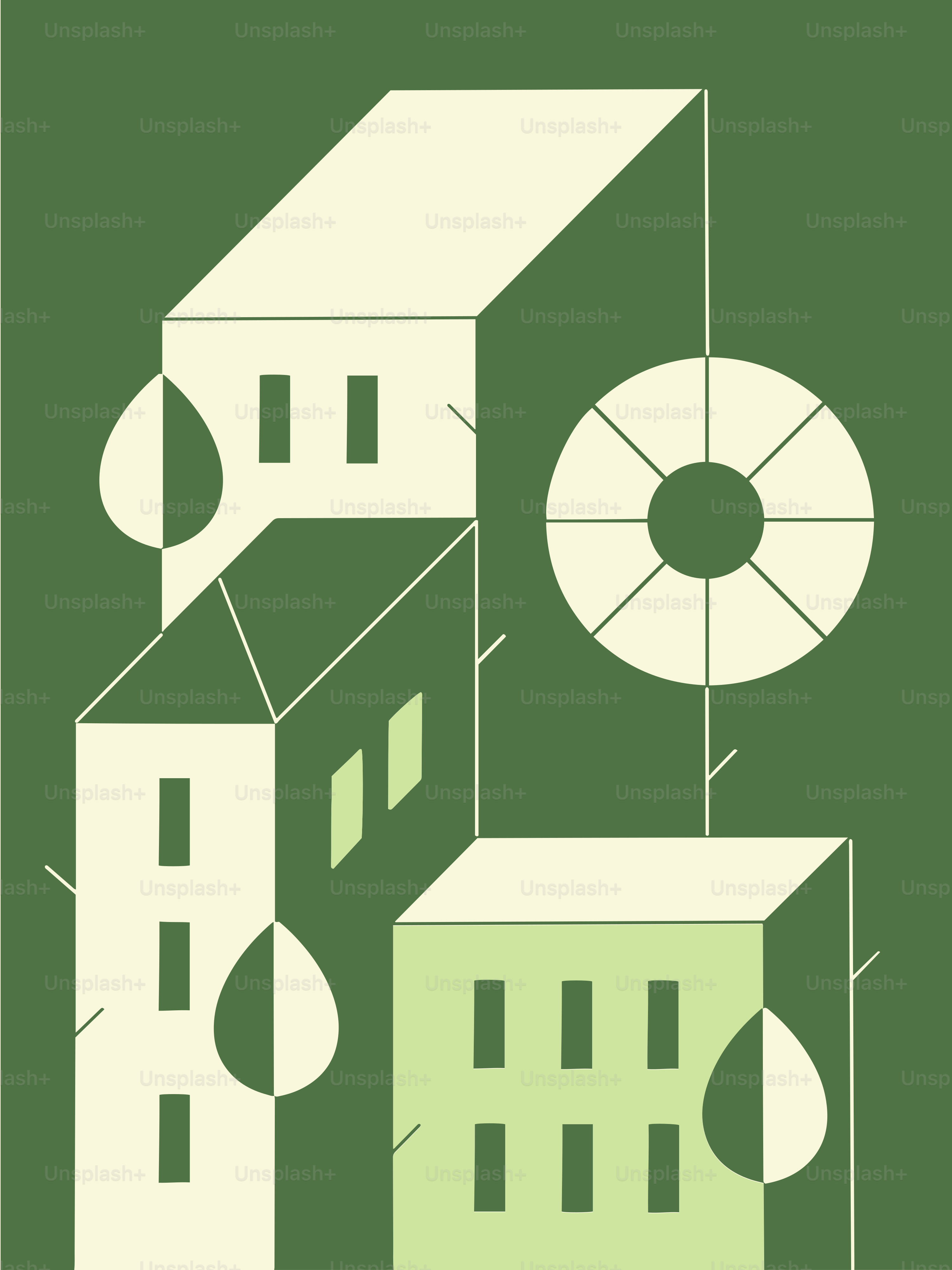 A green and white poster with a picture of a building