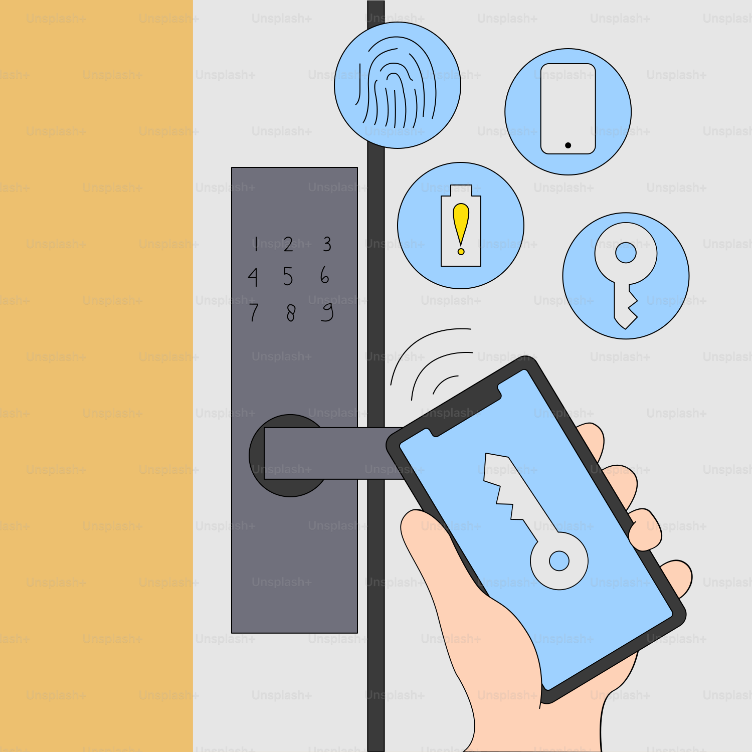 A hand is holding a smart phone near a lock