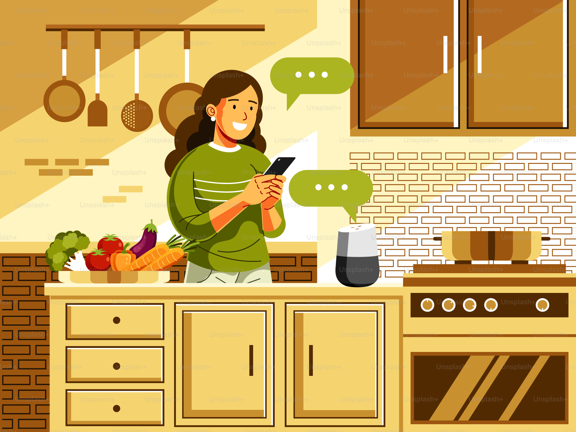 Una donna in piedi in una cucina con in mano un telefono cellulare