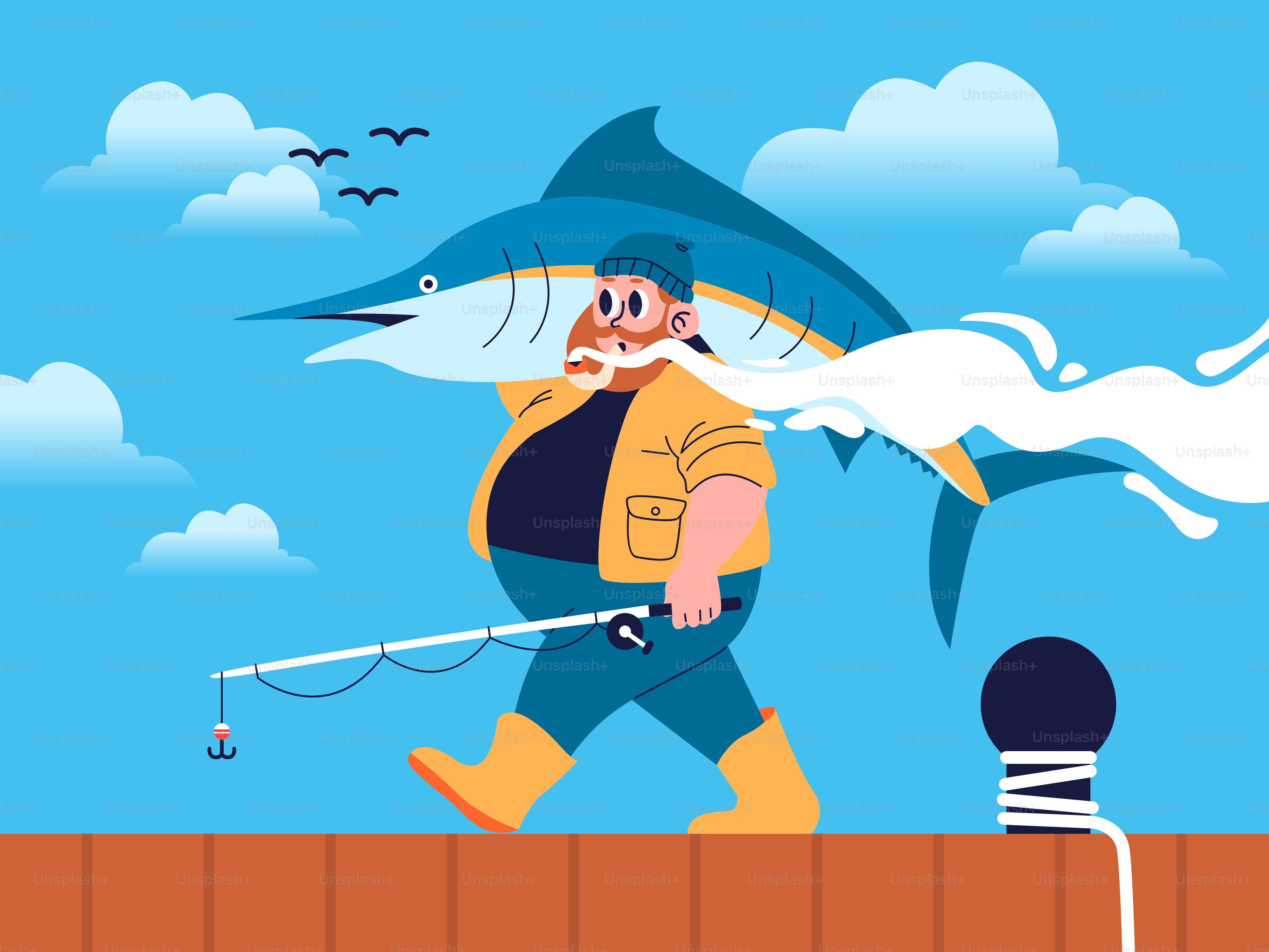 A man walking across a bridge with a shark on his back