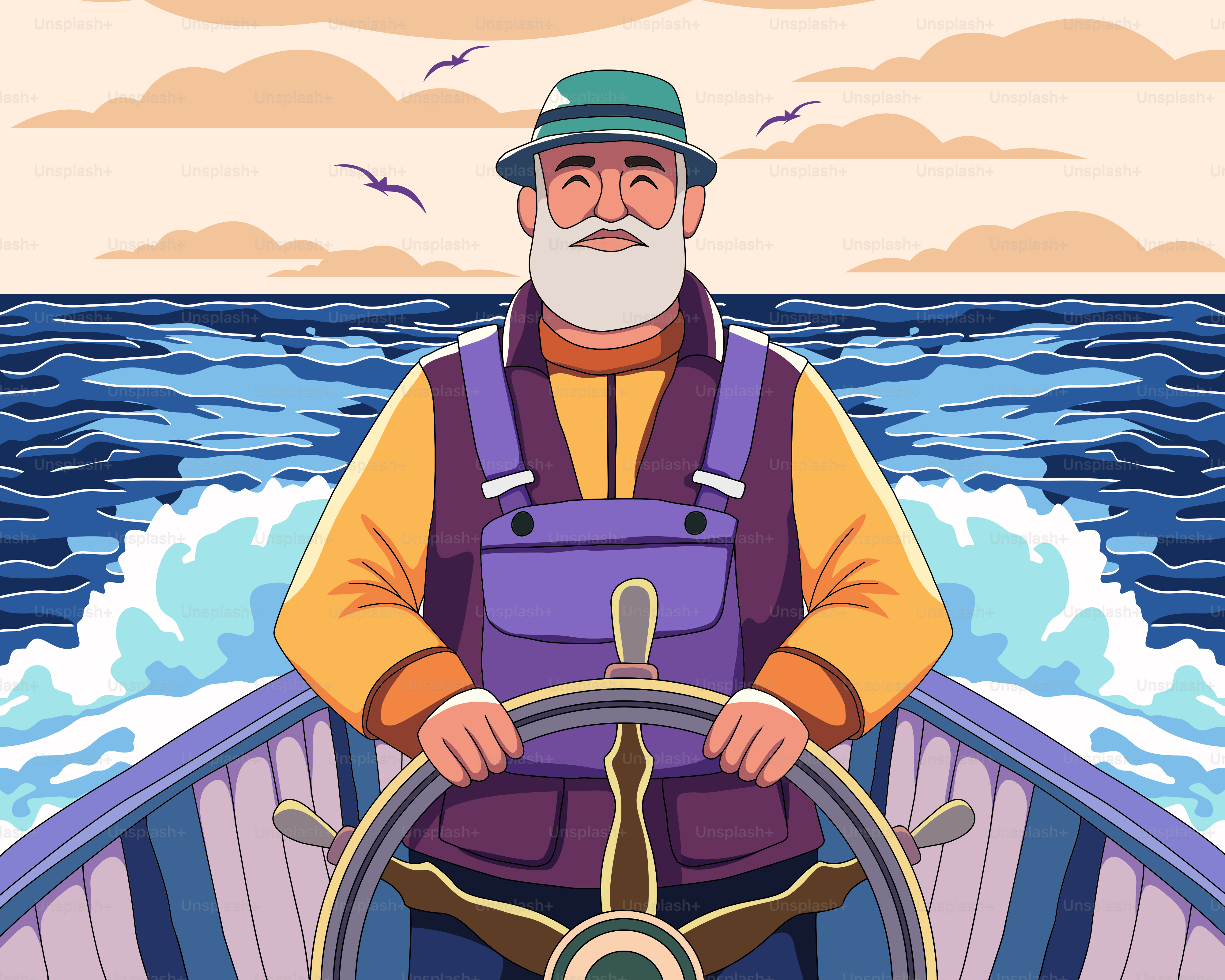 A man driving a boat with a steering wheel