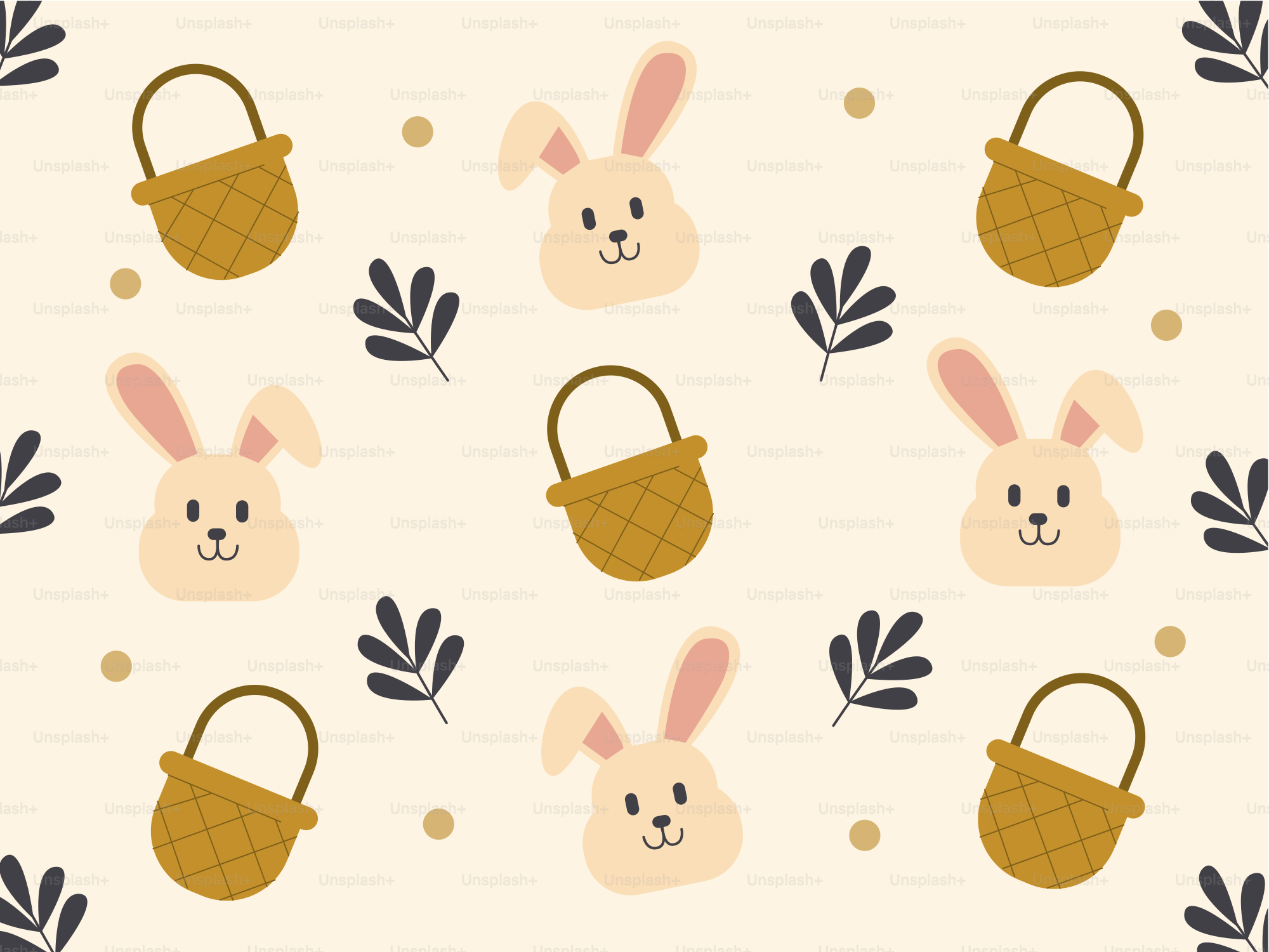 Un motif de lapins avec des paniers et des feuilles