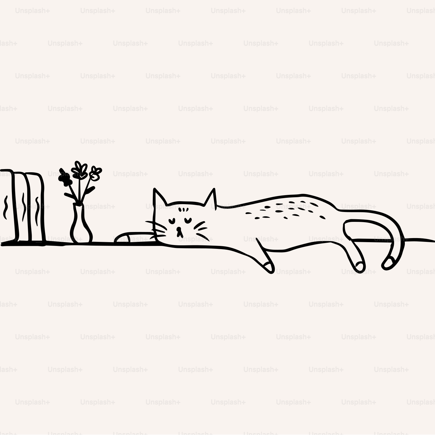 A black and white drawing of a cat laying on a table