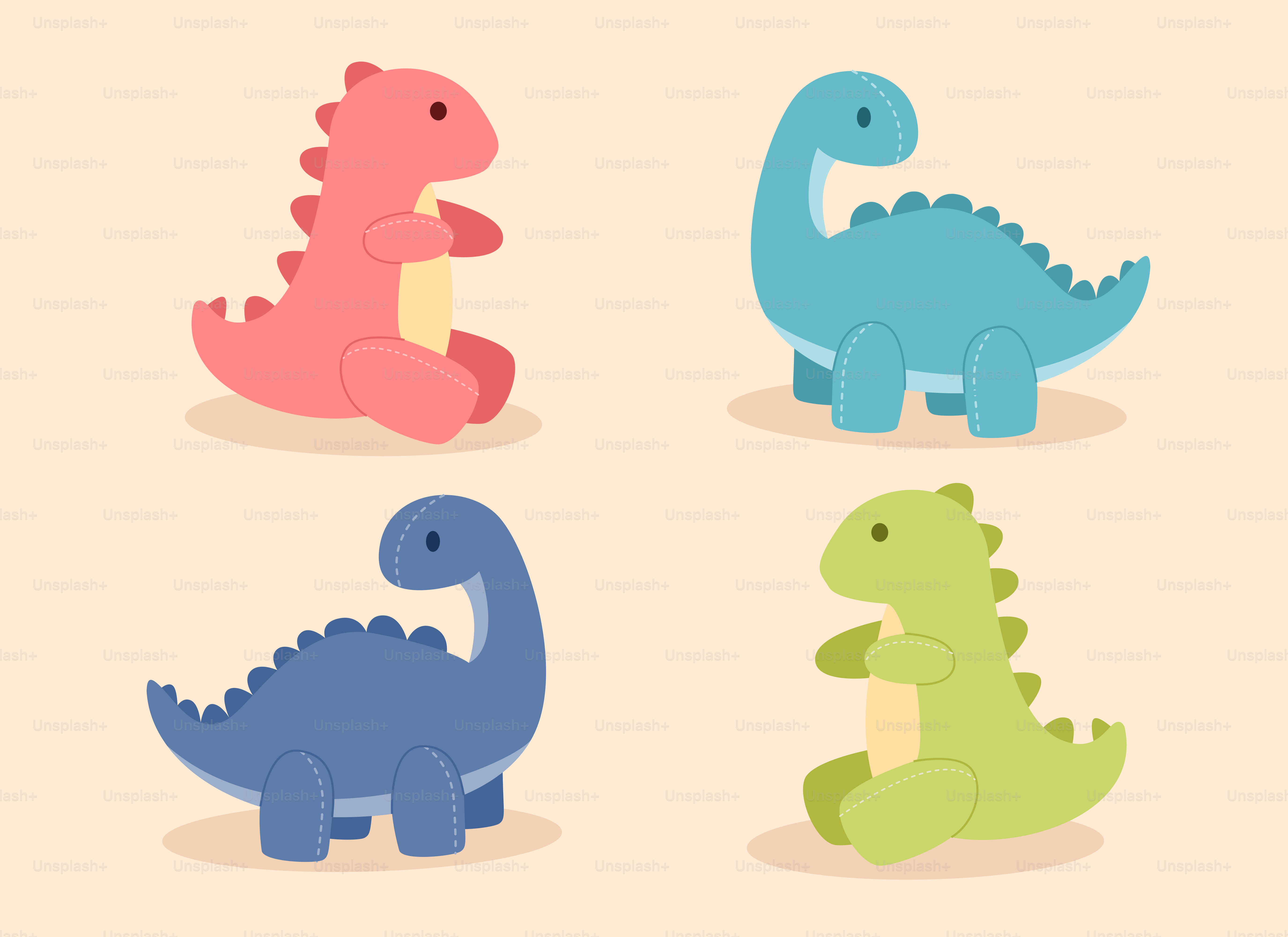 Ein Set von vier verschiedenfarbigen Dinosauriern