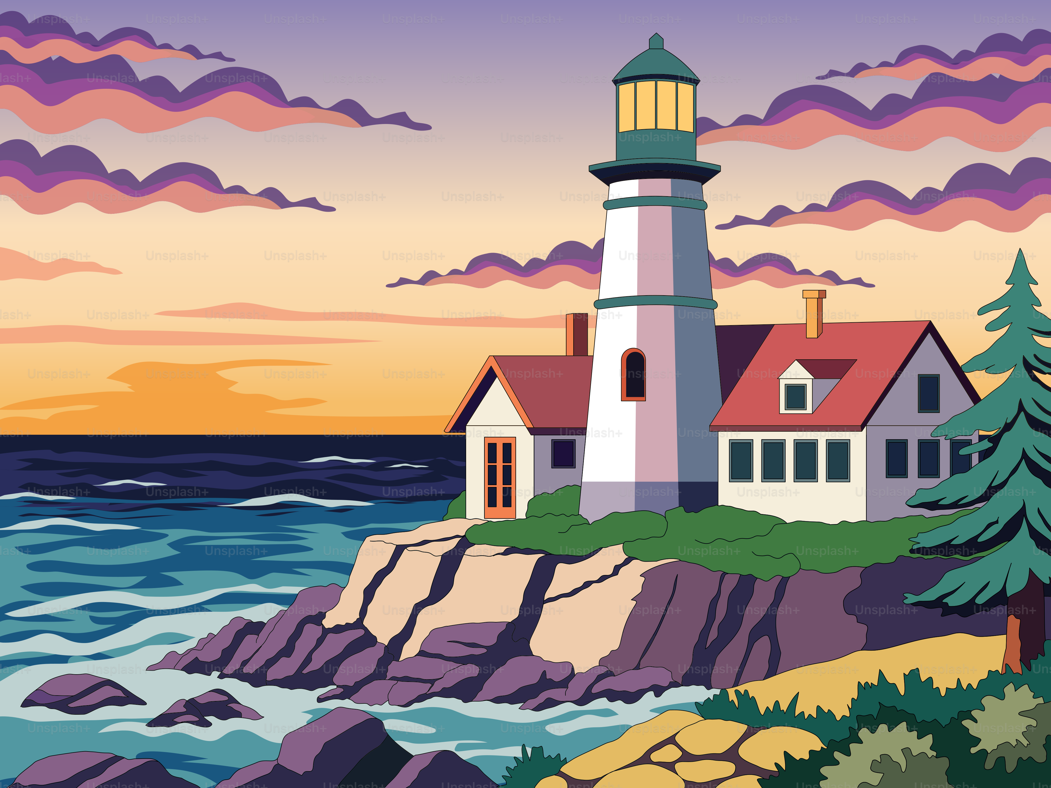 A painting of a lighthouse on a rocky shore