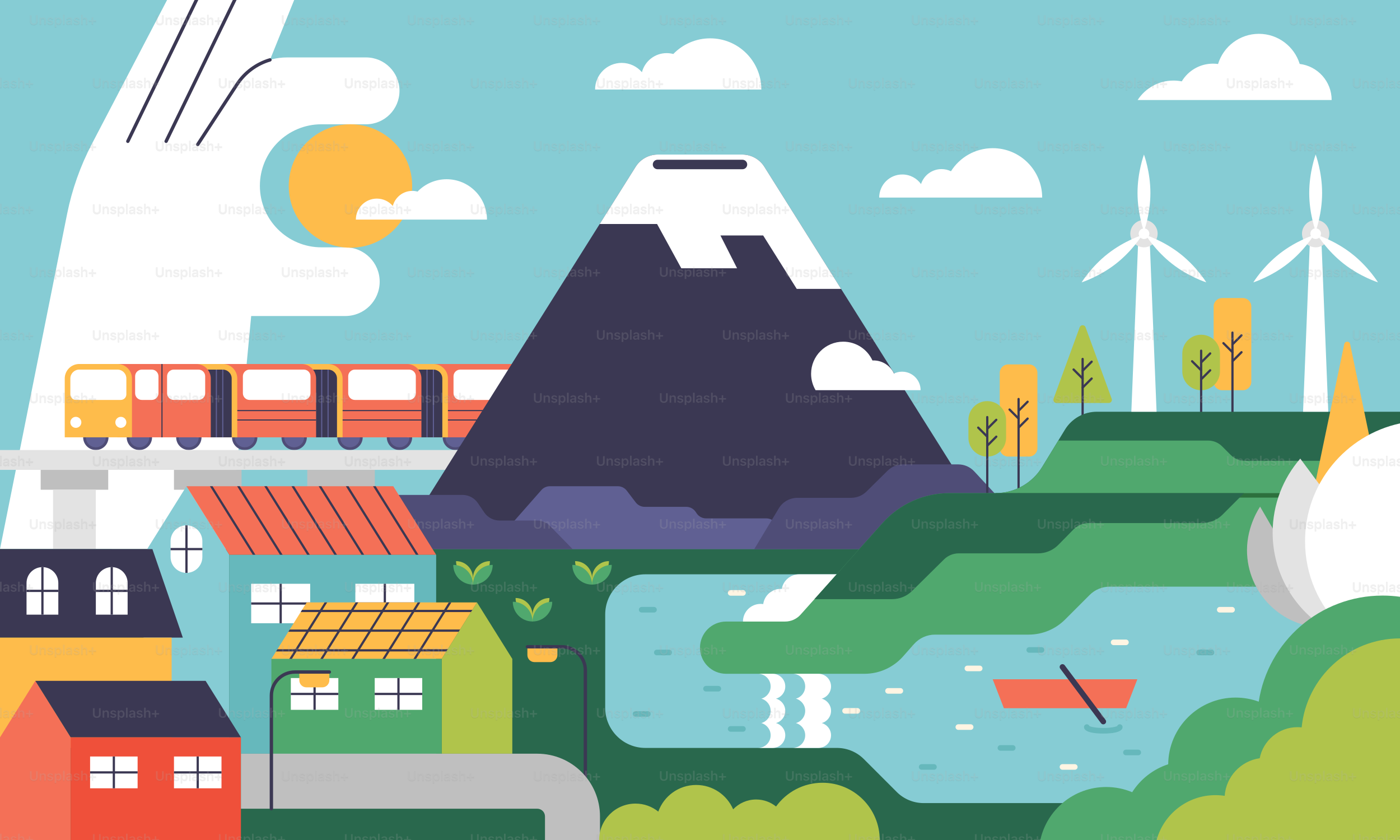 Ein Bild einer Stadt mit Windmühlen im Hintergrund