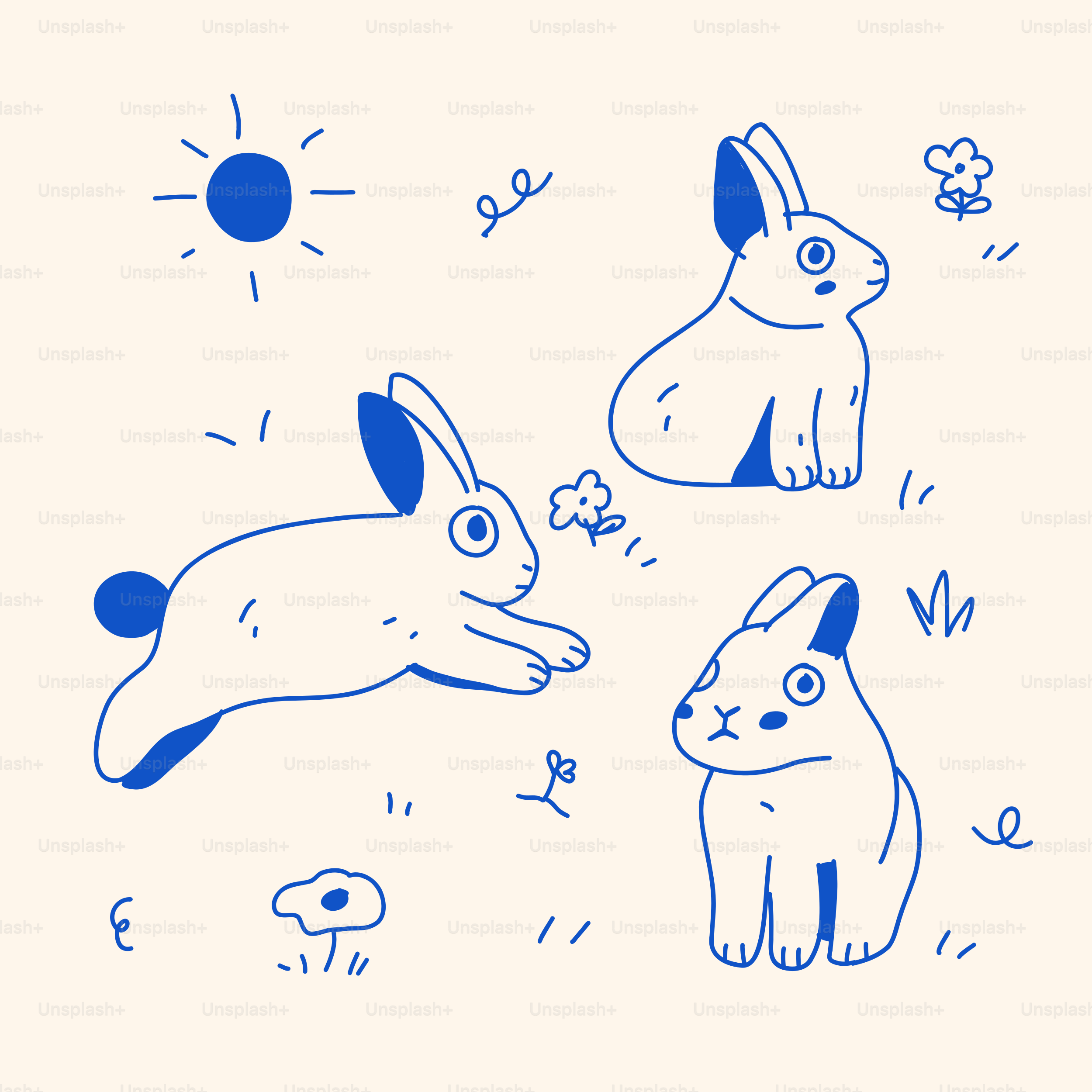 Un disegno di due conigli e un gatto