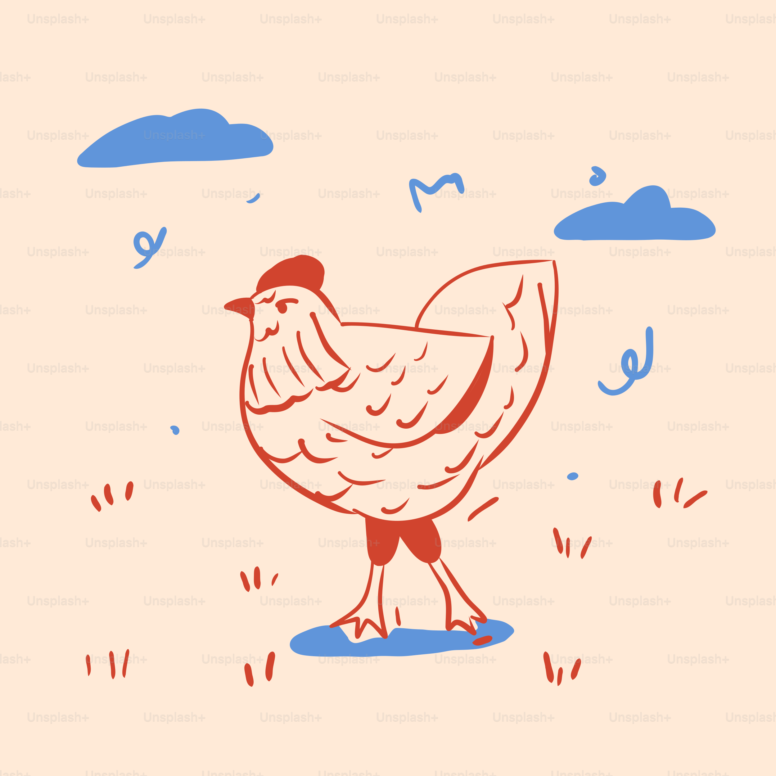 A drawing of a chicken standing in a field