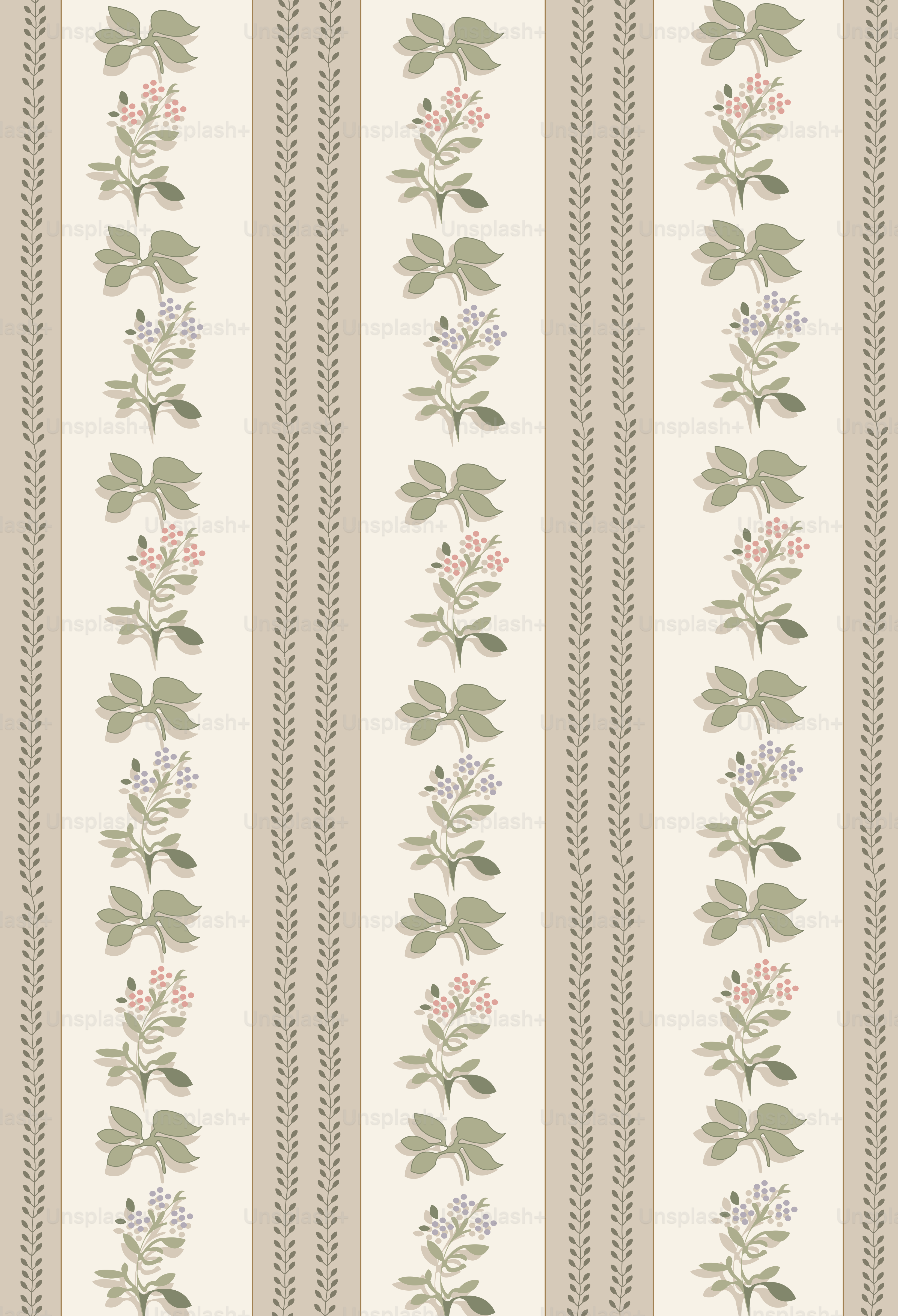 Una carta da parati a strisce con fiori e foglie su di essa