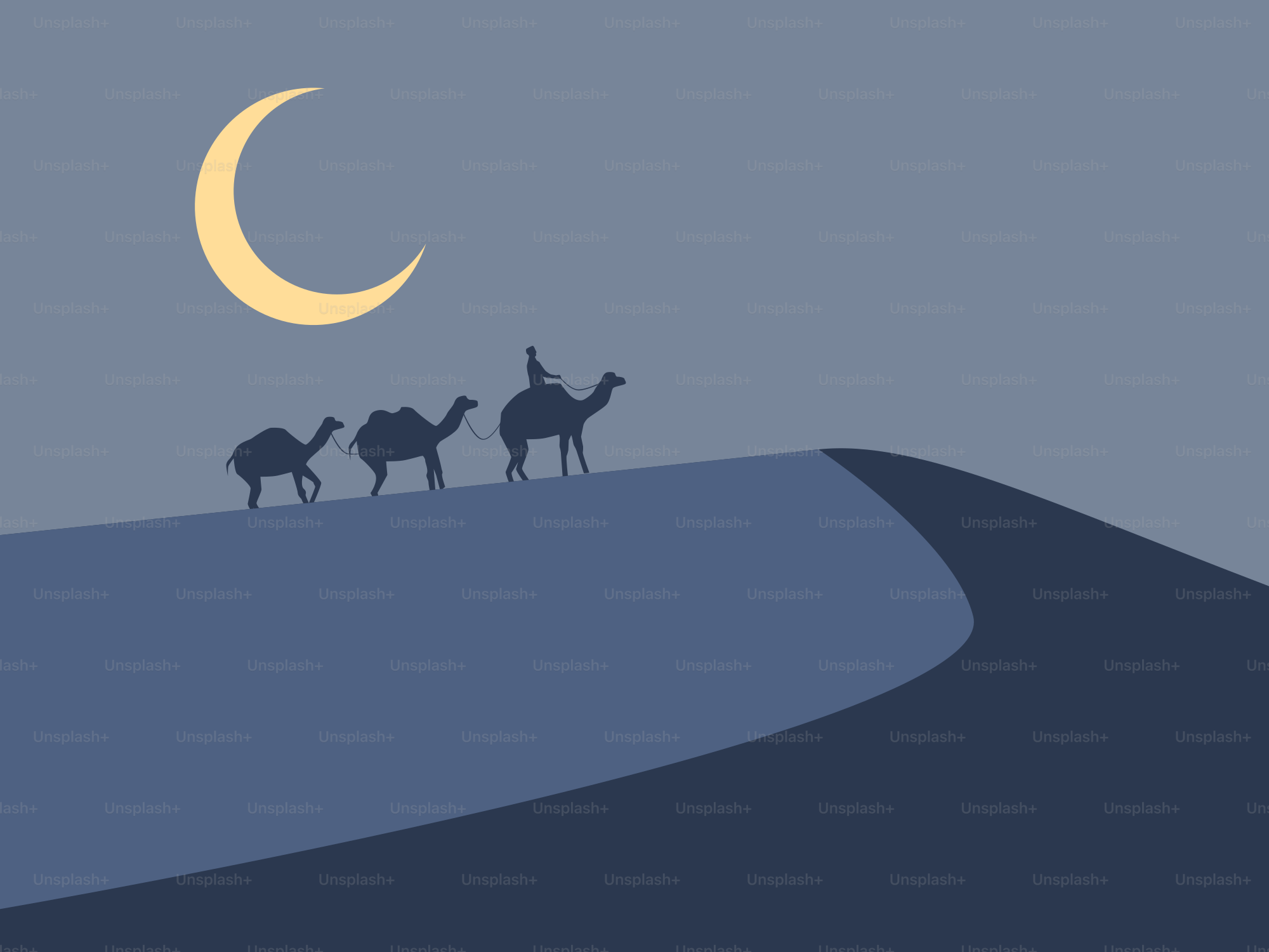 A group of camels walking across a desert under a full moon