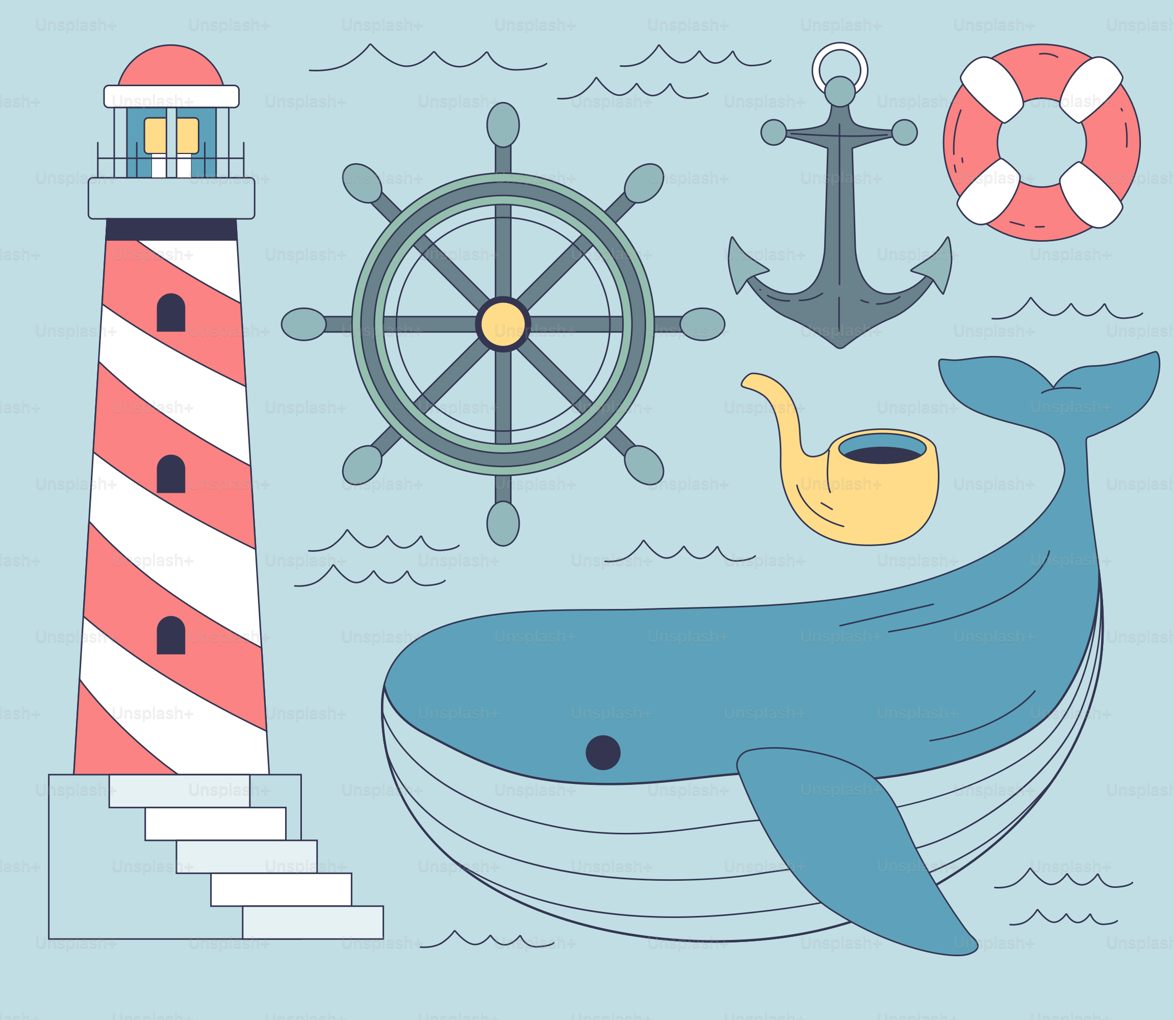 A whale and a lighthouse on a blue background