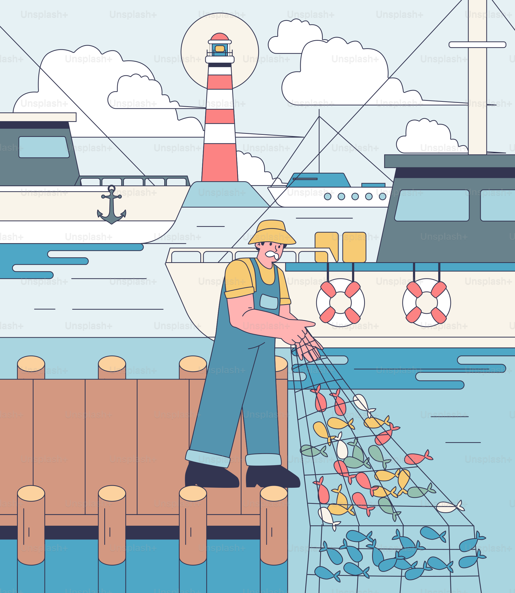 A man standing on a dock with a fishing net