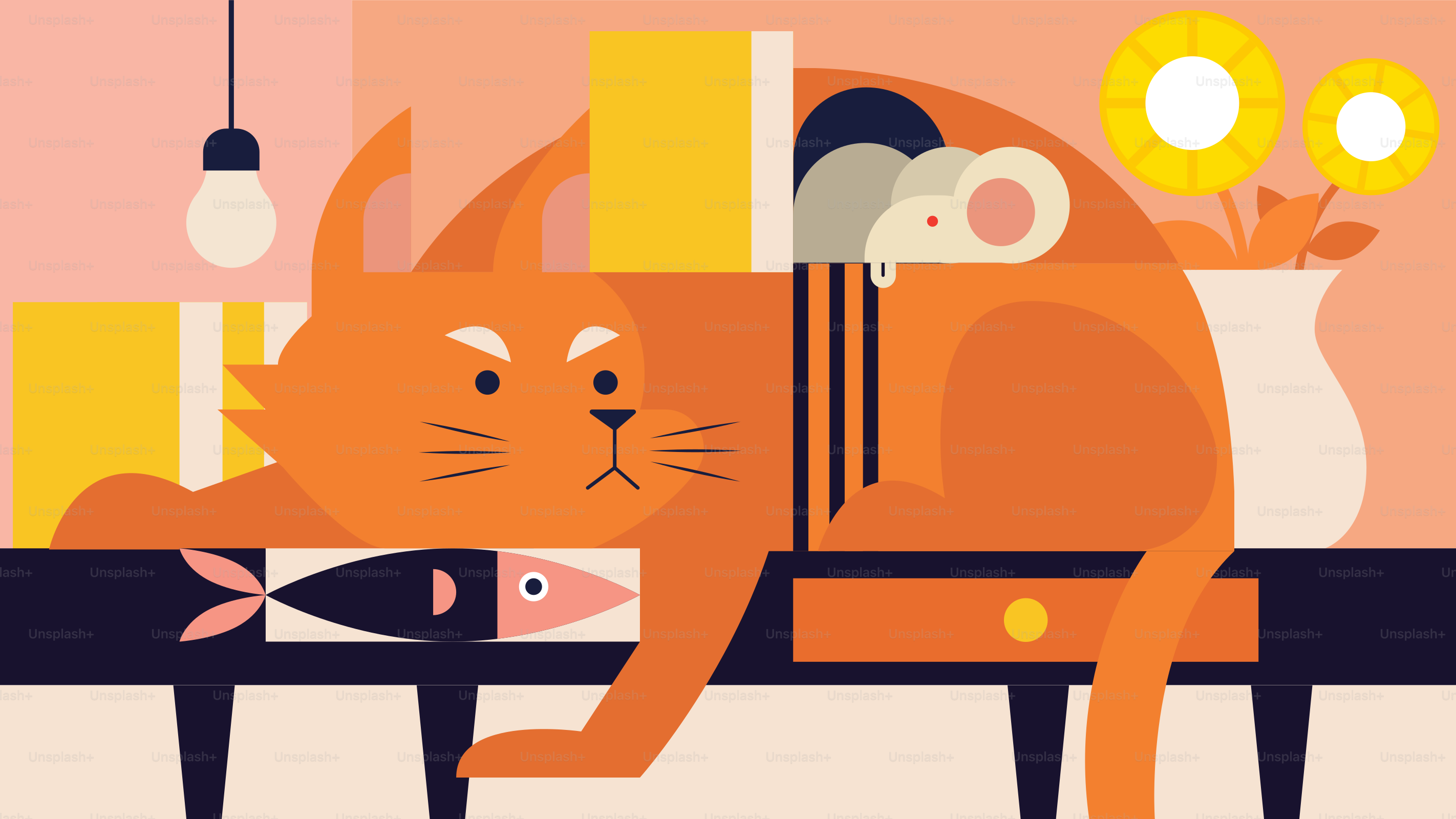 Un gato está sentado en una mesa con un pez