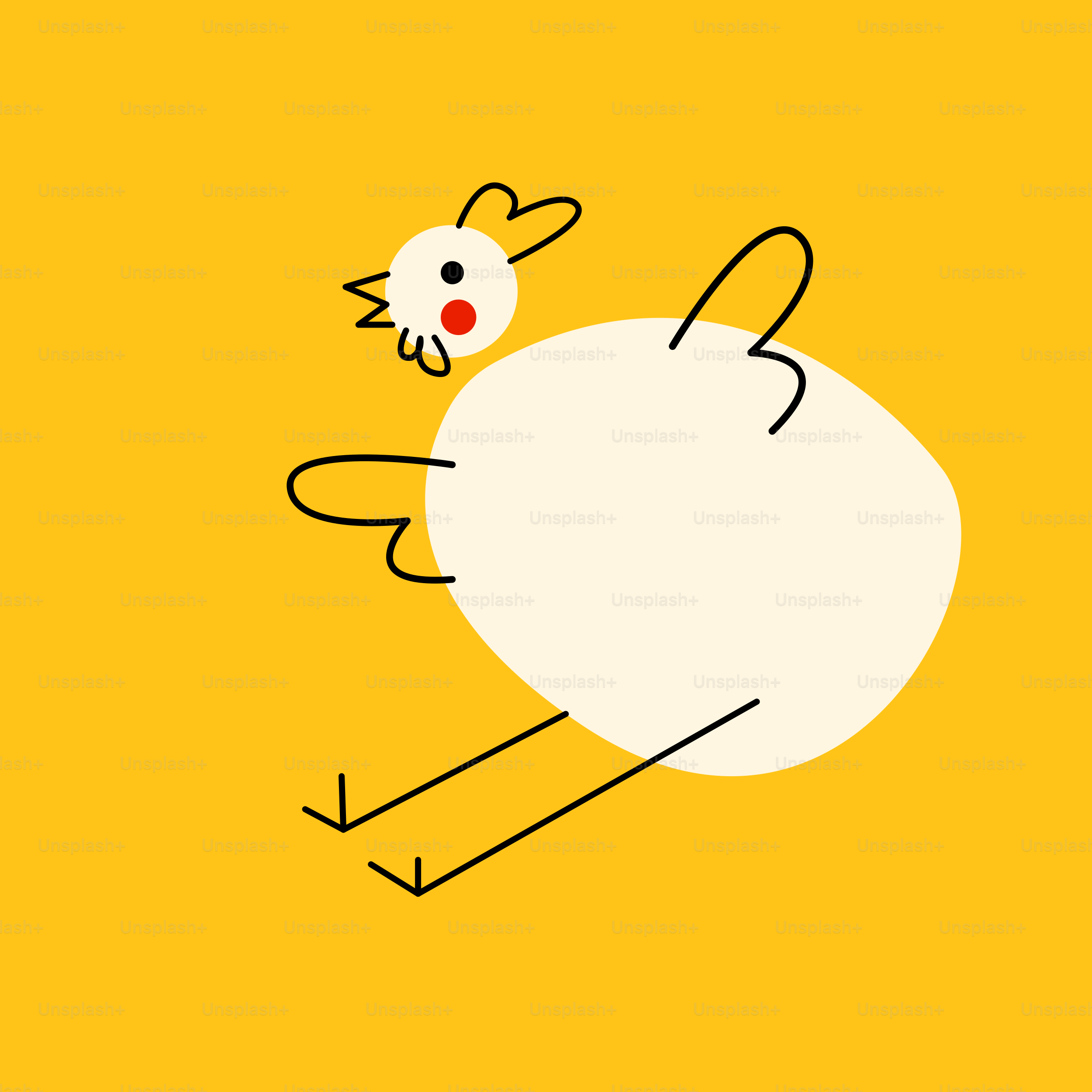 A yellow background with a cartoon chicken flying through the air