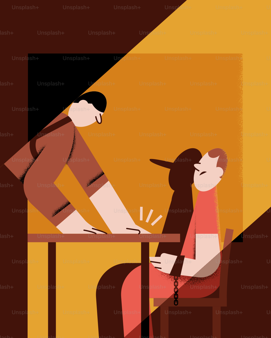 Una mujer sentada en una mesa con un hombre de pie sobre ella