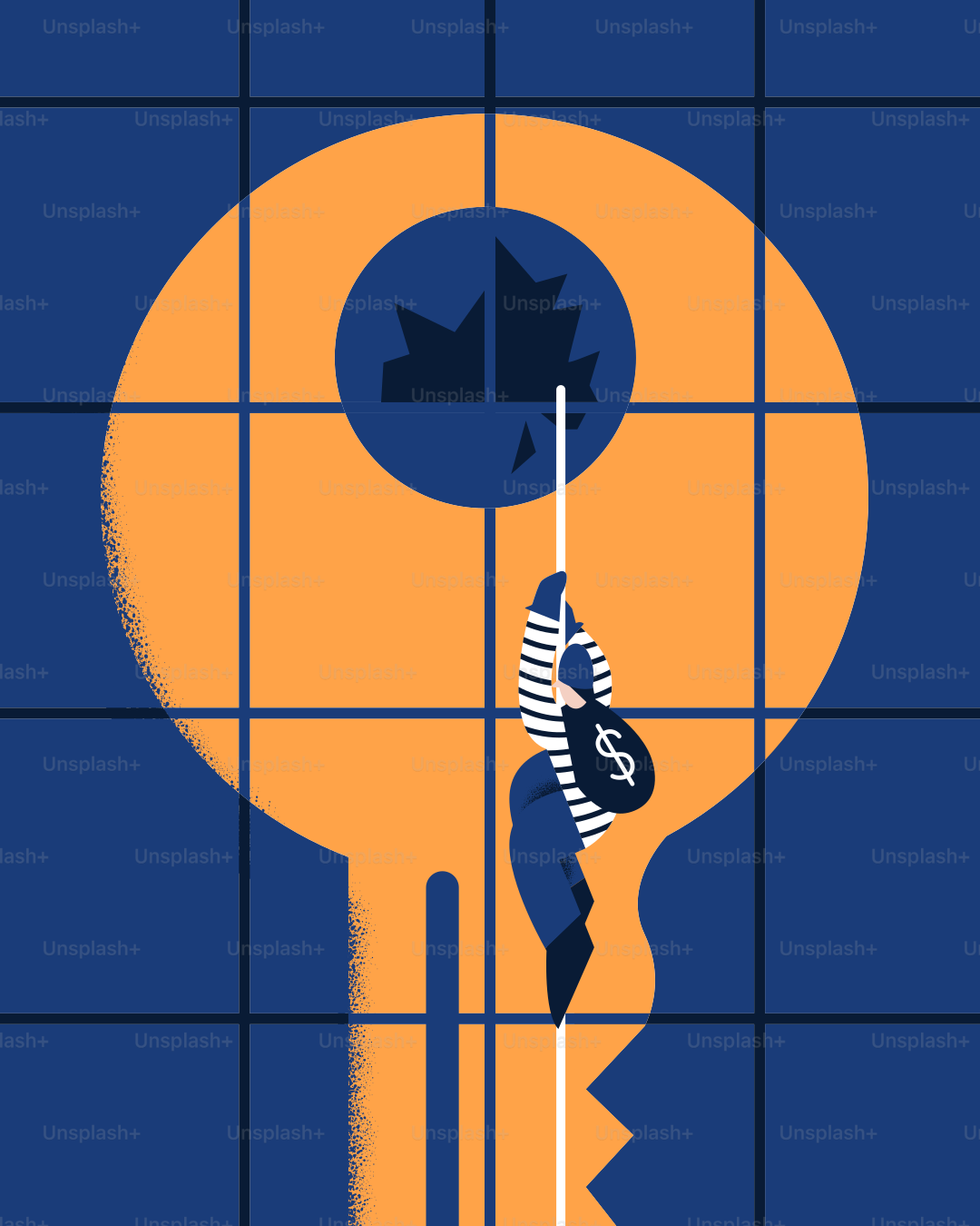 Un poster blu e arancione con una persona che tiene una chiave