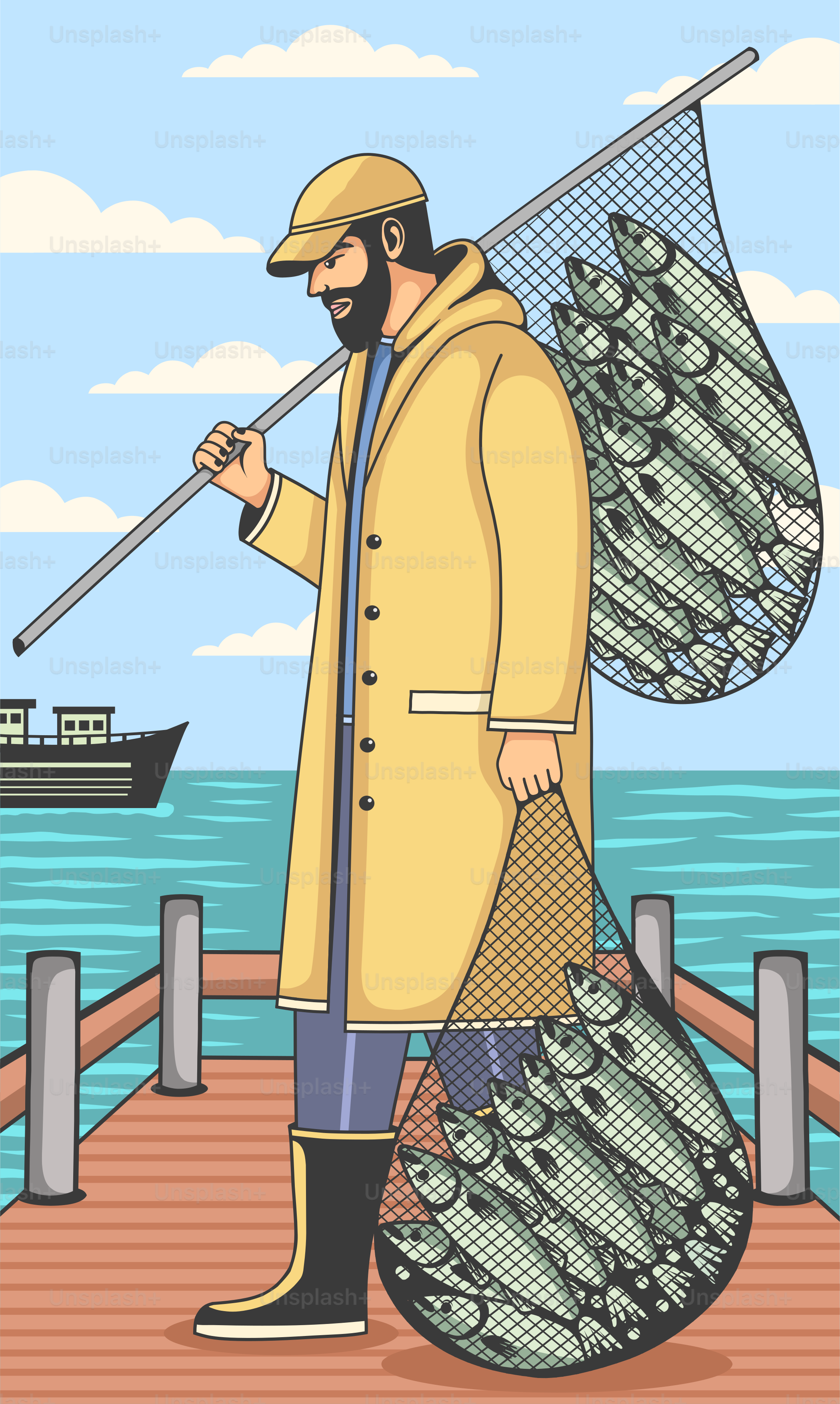 A man holding a net full of money while standing on a dock