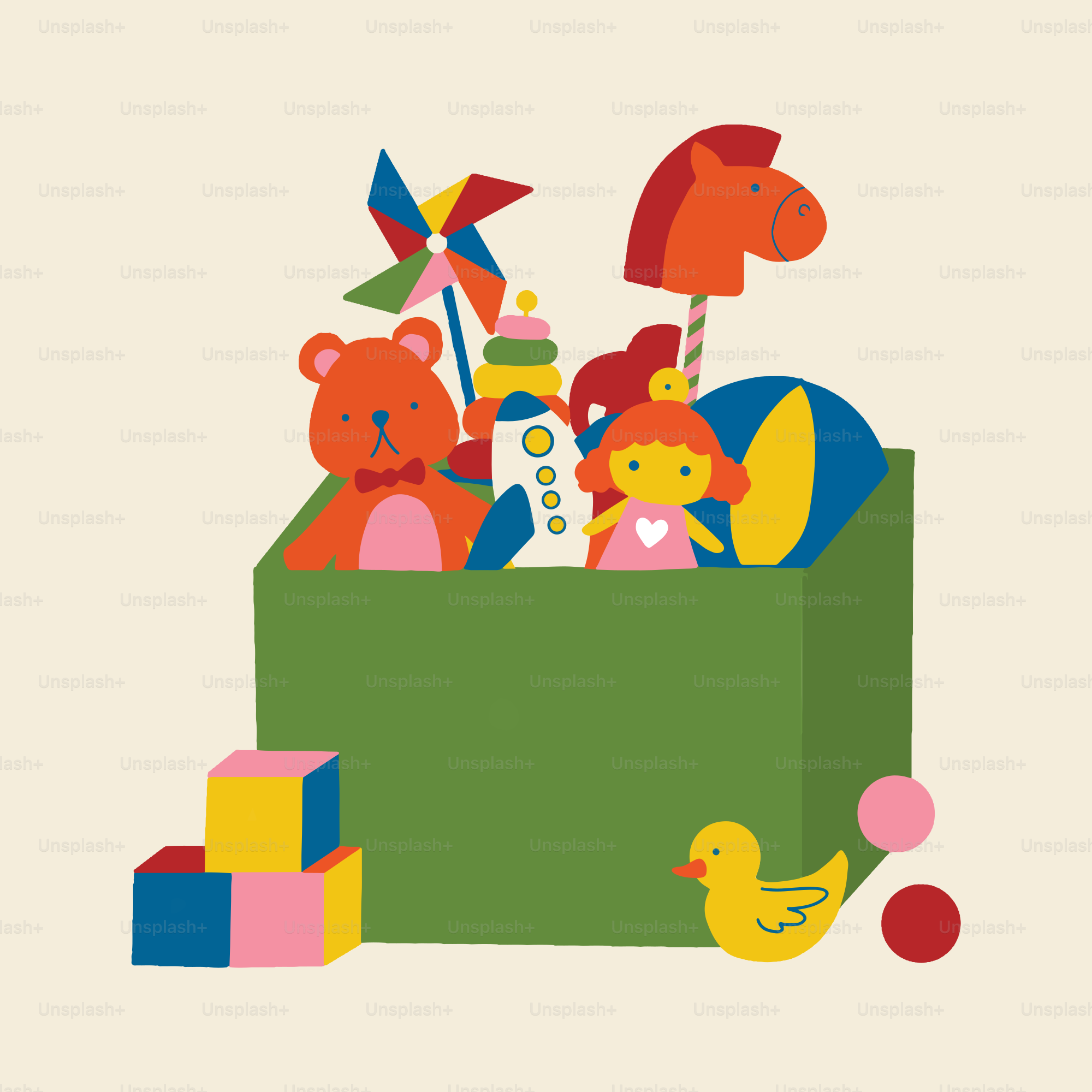 A box filled with lots of toys on top of a table