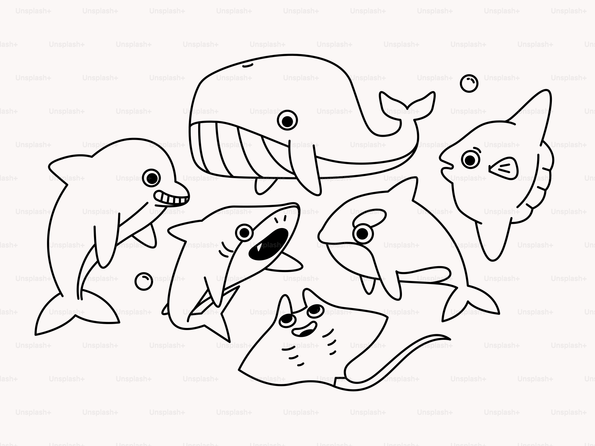 A black and white drawing of a group of sea animals