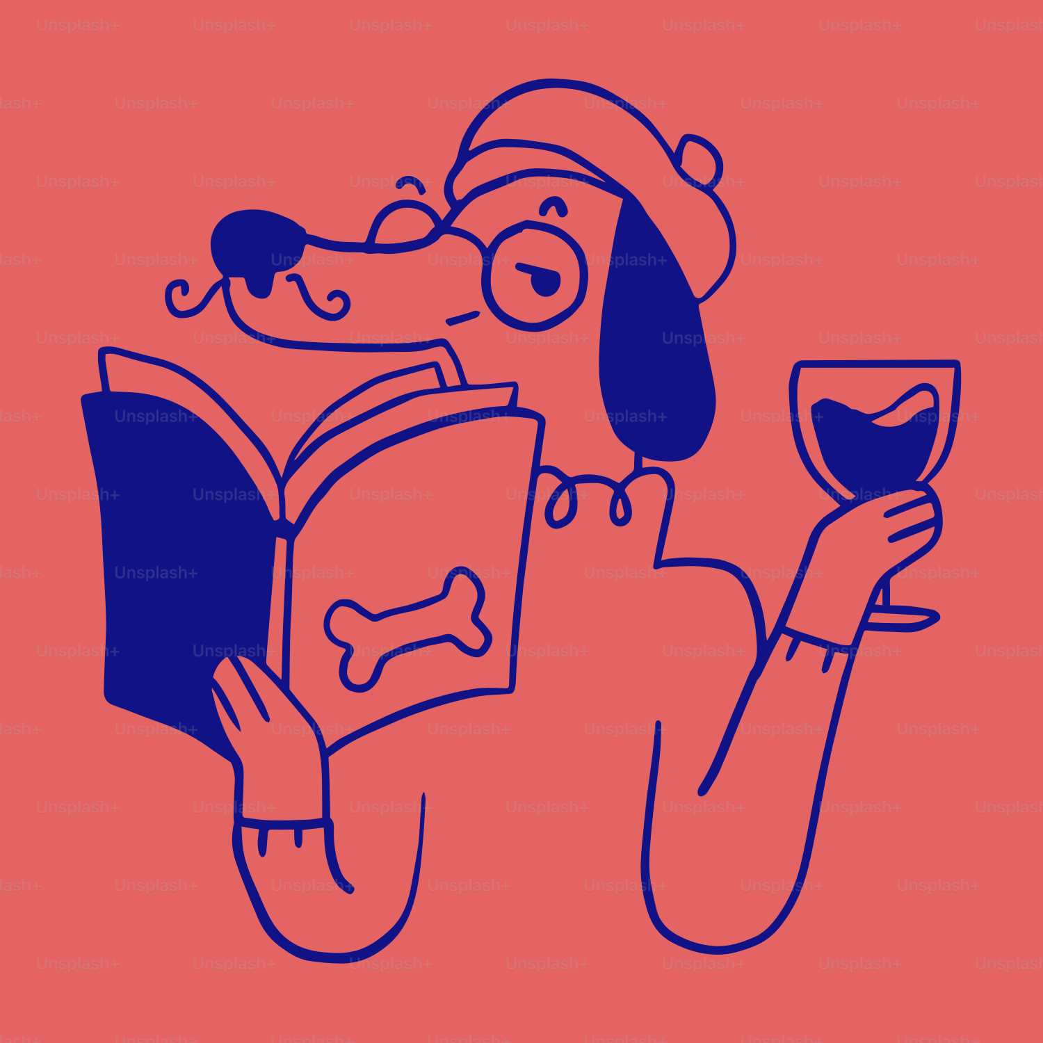 A dog is reading a book and holding a glass of wine