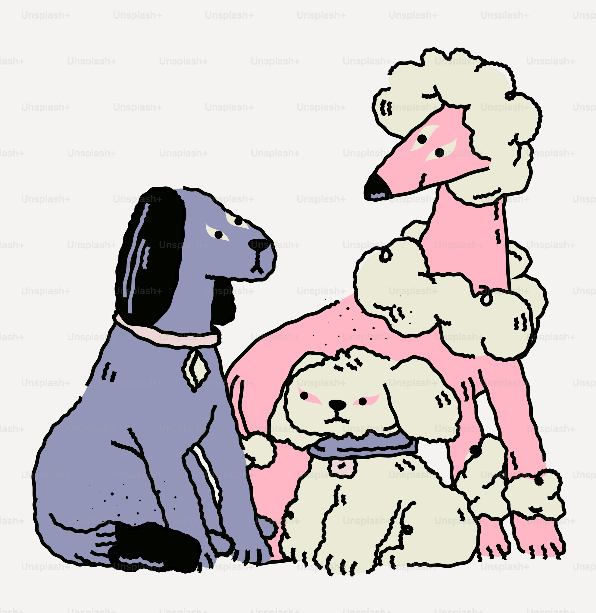 A drawing of a dog sitting next to two poodles