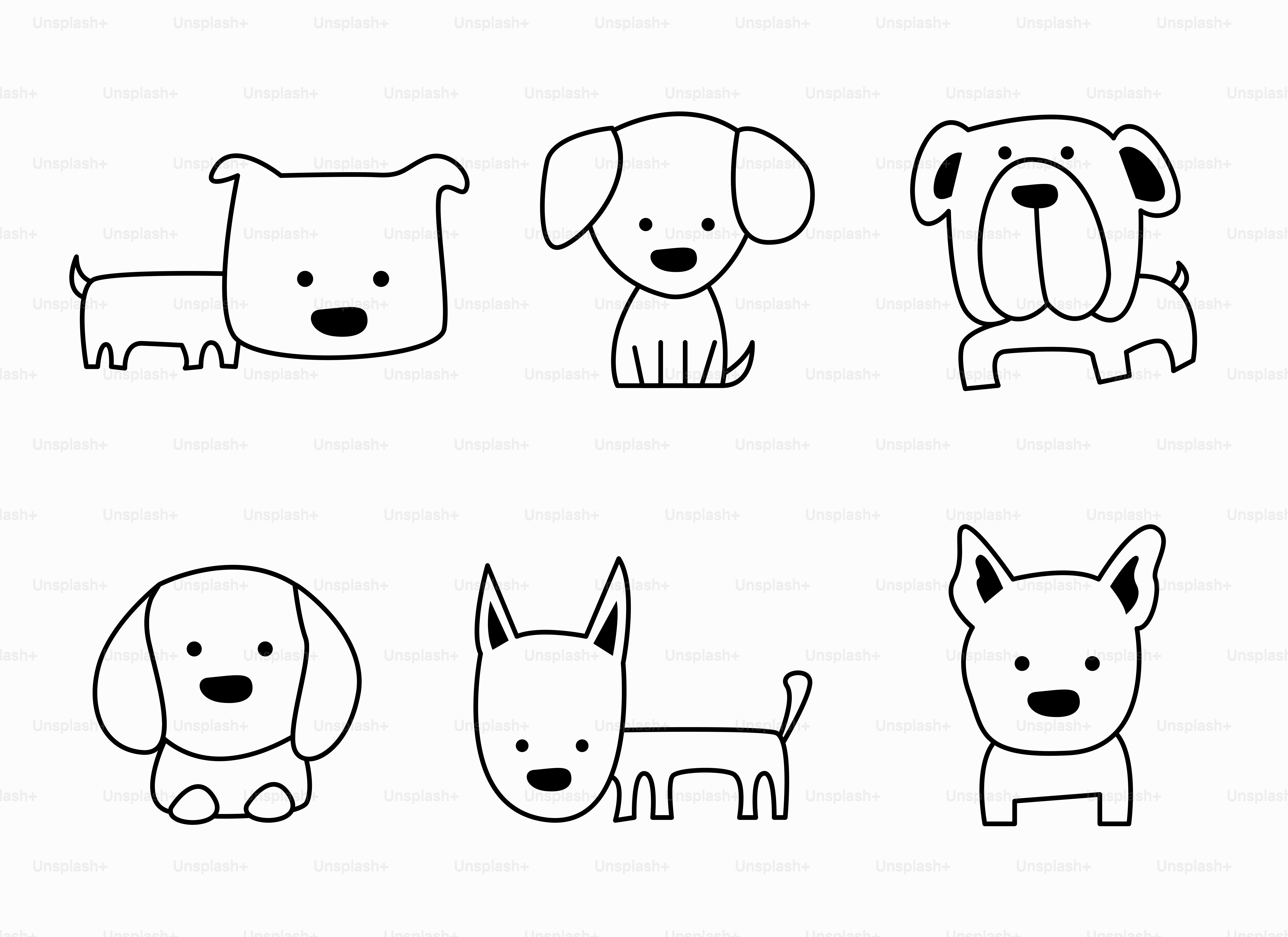 A line drawing of different dogs